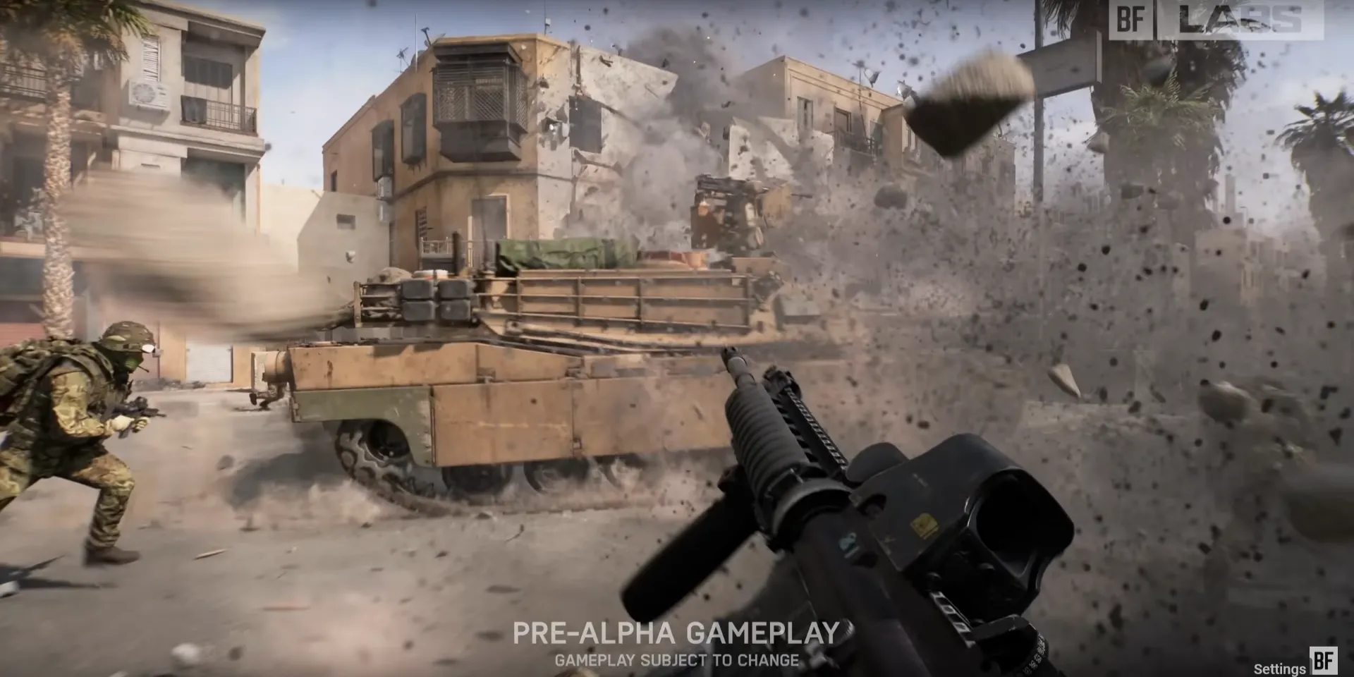 Hình ảnh người lính Mỹ với súng M4A1 và xe tăng M1 Abrams trong Battlefield 6 rò rỉ