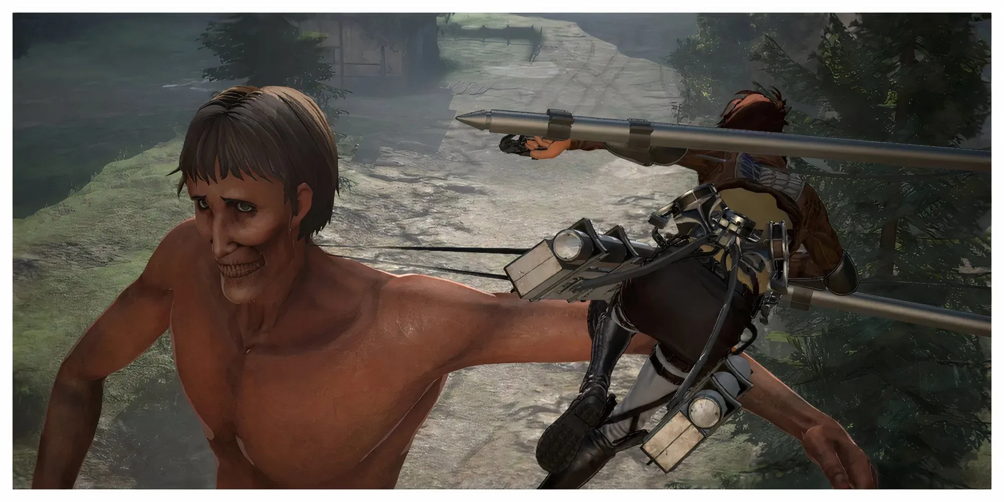 Hình ảnh nhân vật Eren Jaeger từ anime Attack on Titan chiến đấu với Titan trong game Attack on Titan 2 Final Battle