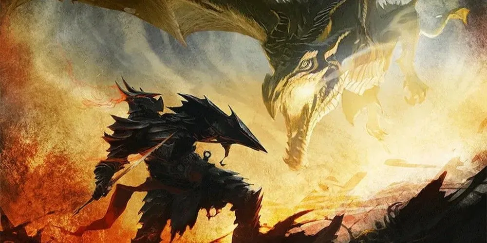Hình ảnh quảng bá chính thức của Skyrim, khắc họa Người Giáng Long (Dragonborn) và một con rồng