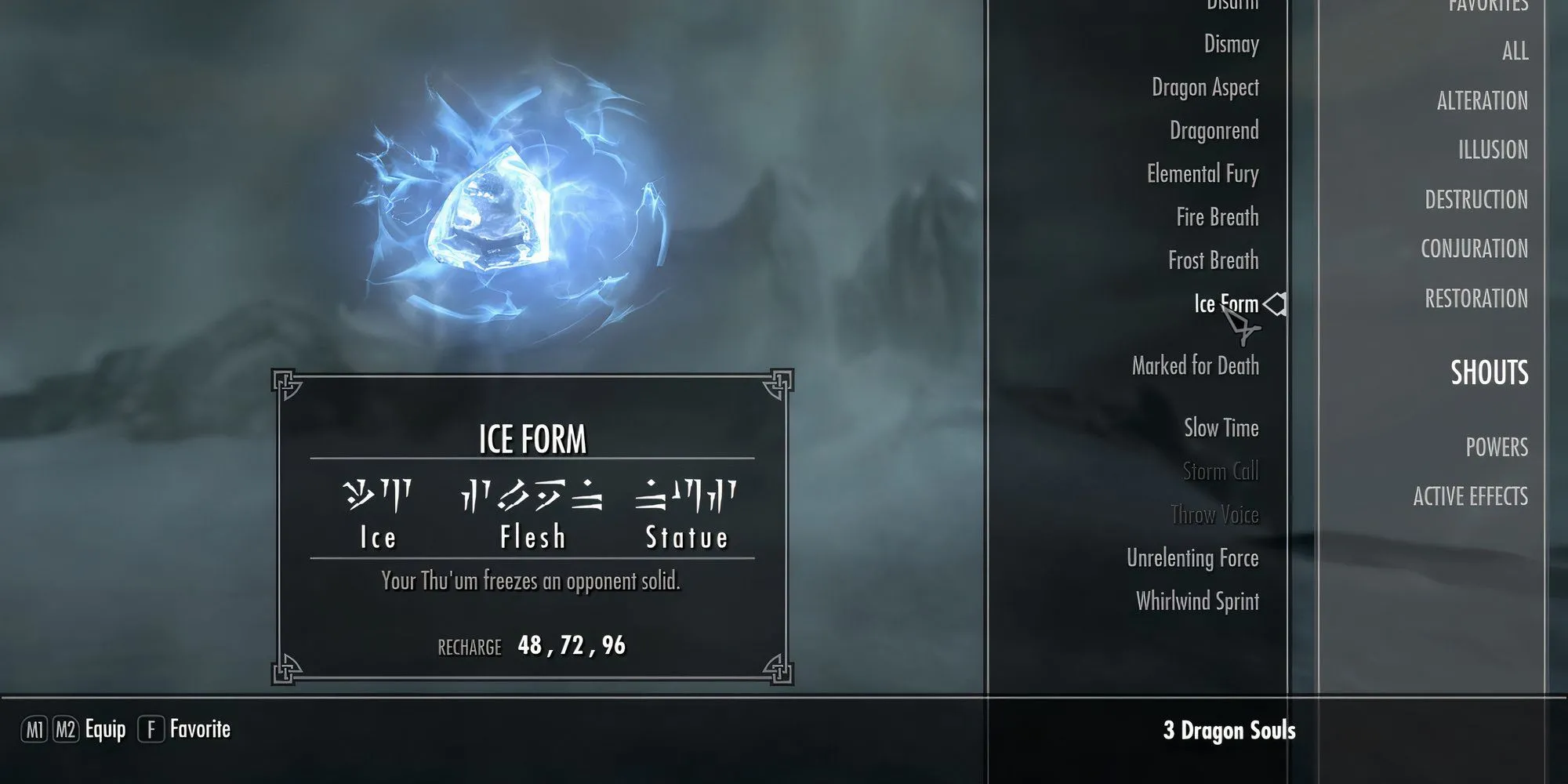 Hình ảnh Shout Băng Giá (Ice Form) đóng băng một đối thủ trong Skyrim.