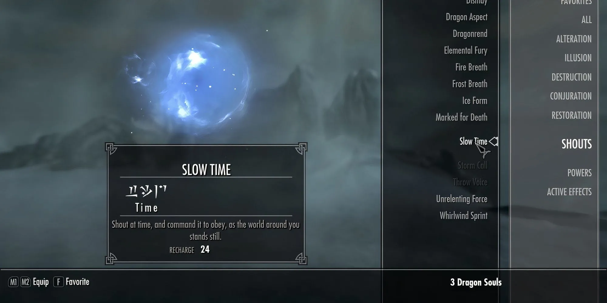 Hình ảnh Shout Ngưng Đọng Thời Gian (Slow Time) làm chậm chuyển động của kẻ địch trong Skyrim.