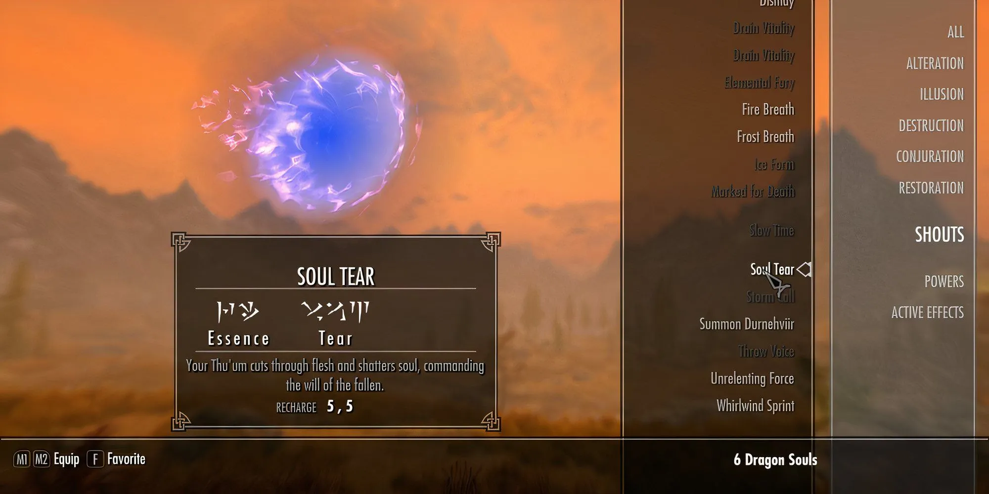 Hình ảnh Shout Xé Linh Hồn (Soul Tear) gây sát thương và bắt giữ linh hồn kẻ địch trong Skyrim.