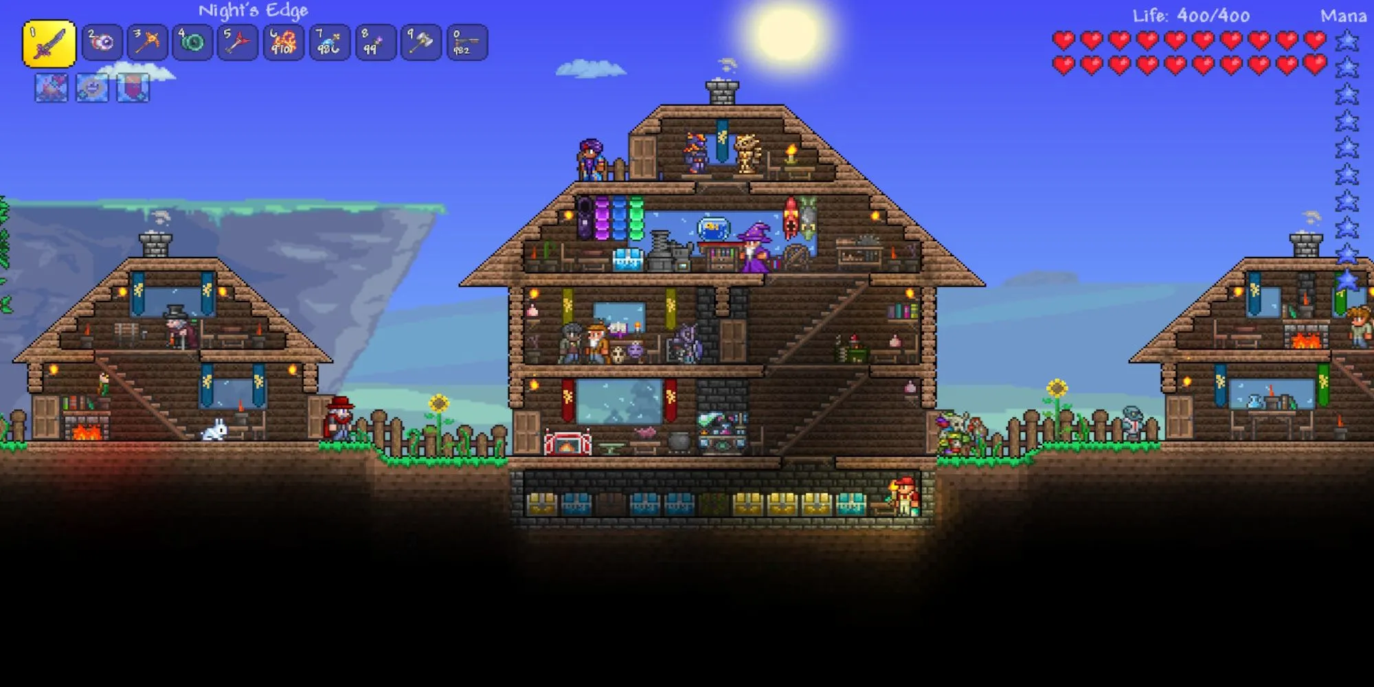 Hình ảnh thế giới 2D pixel của Terraria với đa dạng các loại biome trên bề mặt và dưới lòng đất