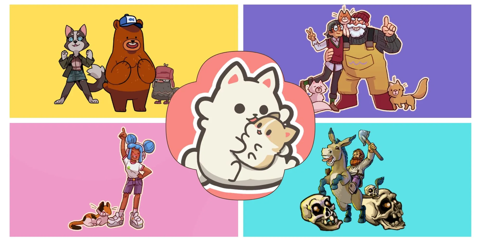 hình ảnh tổng hợp các game cozy có yếu tố cày cuốc hấp dẫn như Cat Cafe Manager, Bear and Breakfast, Feedog, và Graveyard Keeper