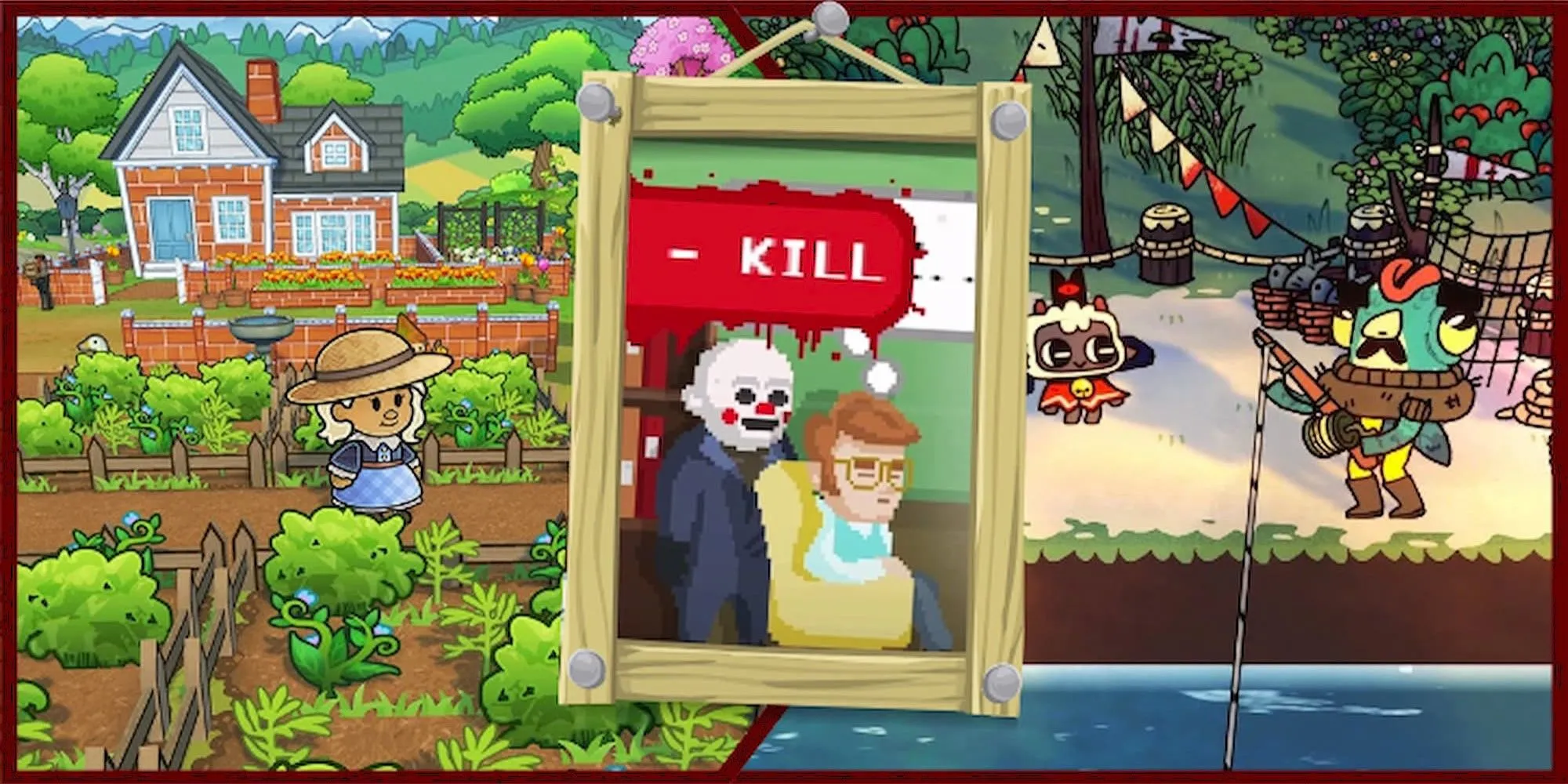 hình ảnh tổng hợp các game cozy có yếu tố giết người như Cat Cafe Manager, Bear and Breakfast, Feedog, và Graveyard Keeper