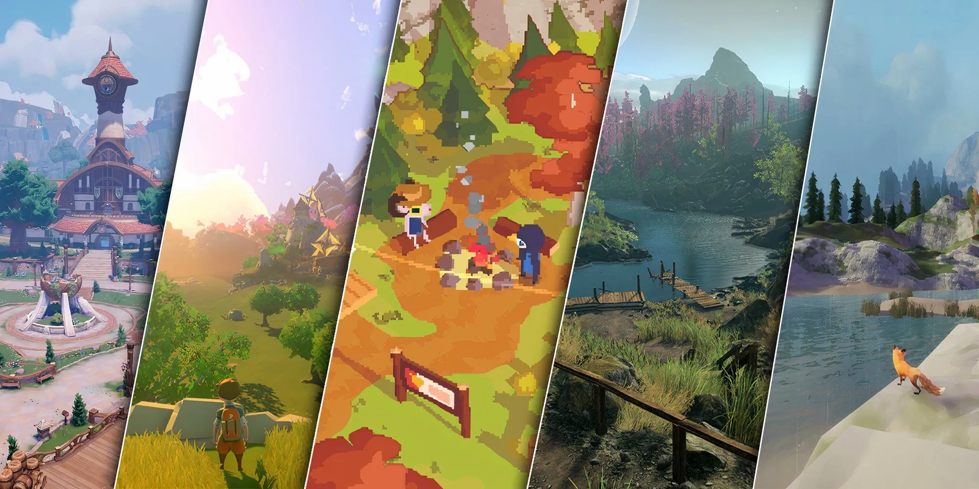 hình ảnh tổng hợp các game cozy thế giới mở như Echoes of the Plum Grove, The Happy Hill Homicide, và Cult of the Lamb