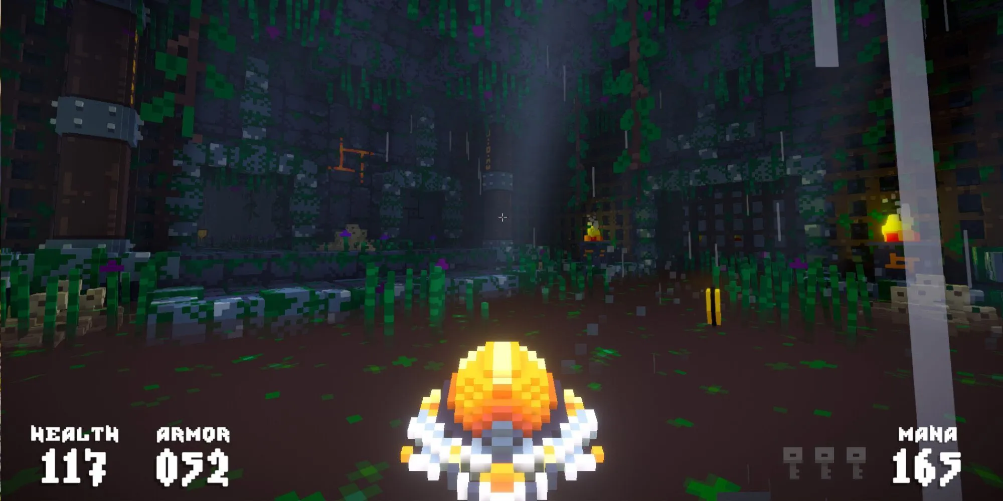 Khung cảnh khu rừng u ám trong game ARKOS 2 với đồ họa voxel