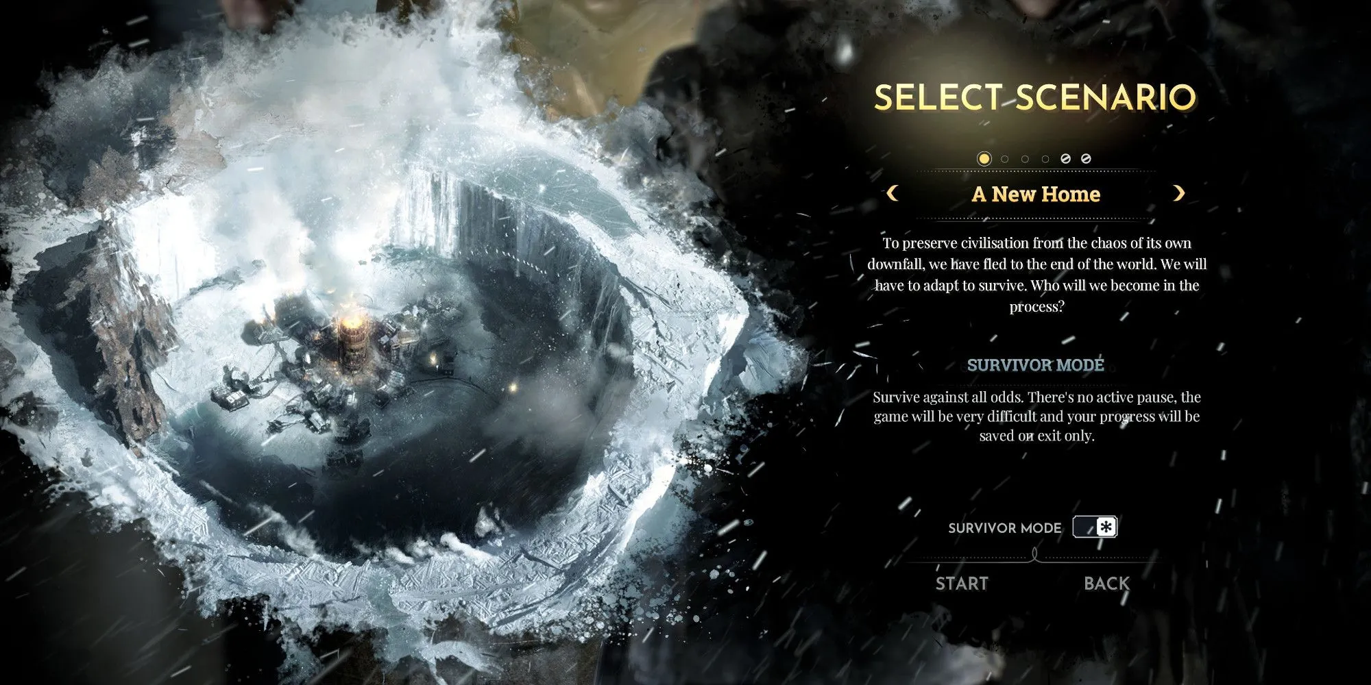 Khung cảnh thành phố đóng băng trong Frostpunk với bảng thông báo về chế độ Survivor.