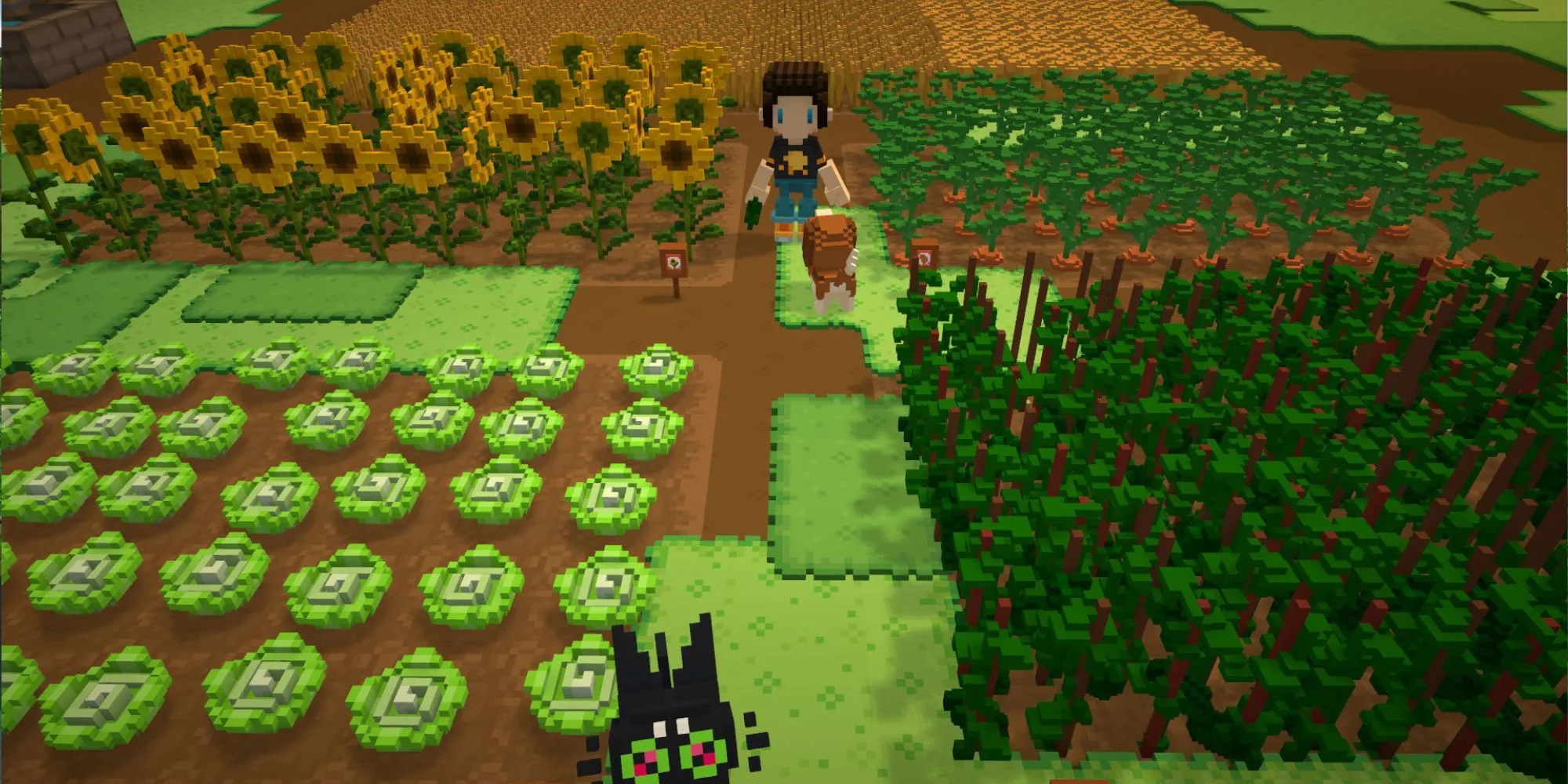 Khung cảnh trang trại yên bình trong game Staxel với đồ họa voxel