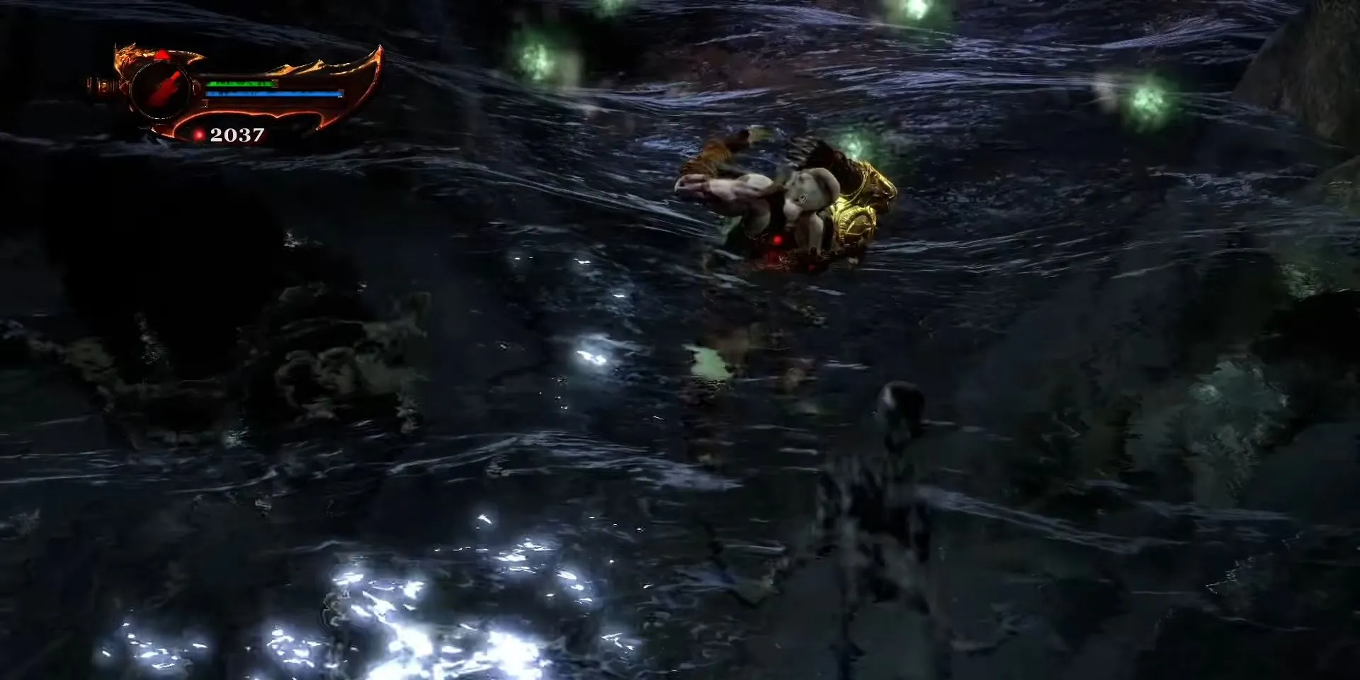 Kratos bị linh hồn tấn công trong Sông Styx, làm tiêu hao sức mạnh và ma thuật ở God of War 3