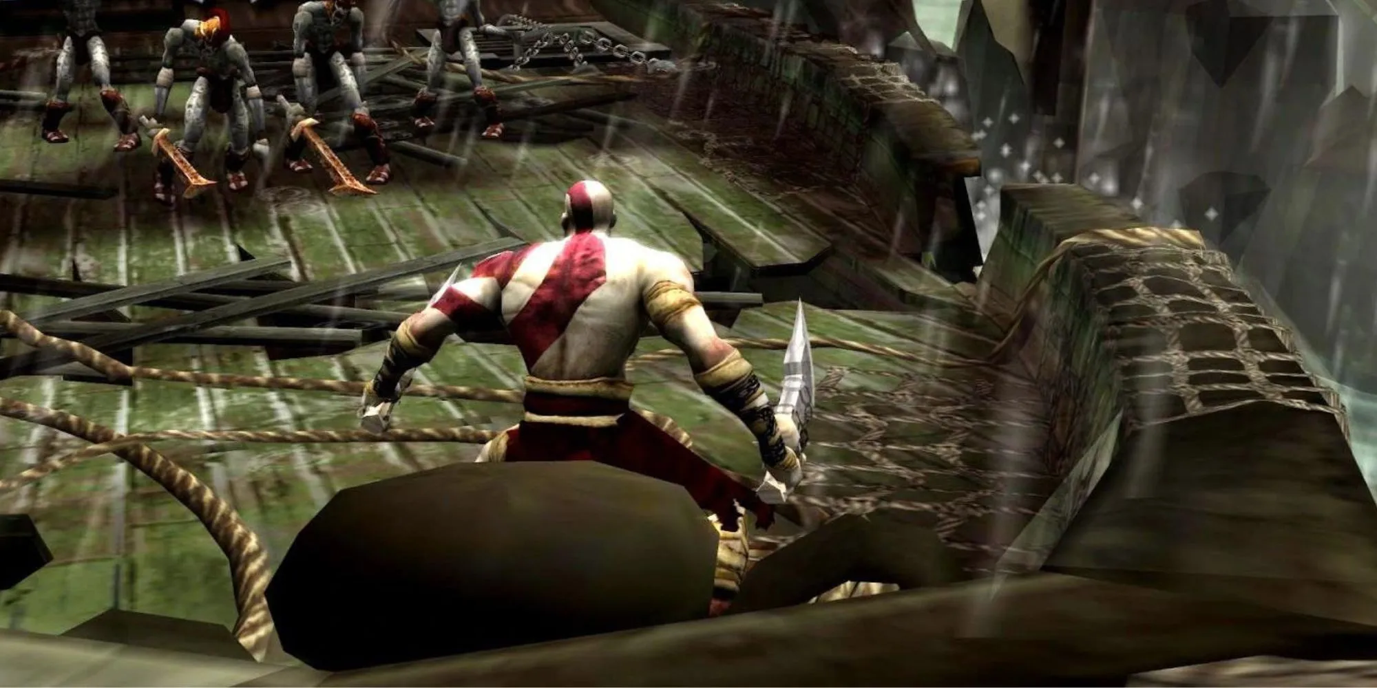 Kratos chiến đấu trong God of War (phiên bản Hy Lạp) trên PS2, game có góc nhìn camera cố định