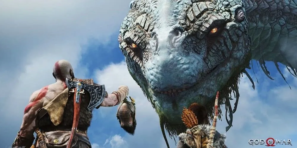 Kratos và Mimir đối thoại với Jörmungandr (Midgard Serpent) trong God of War Ragnarök