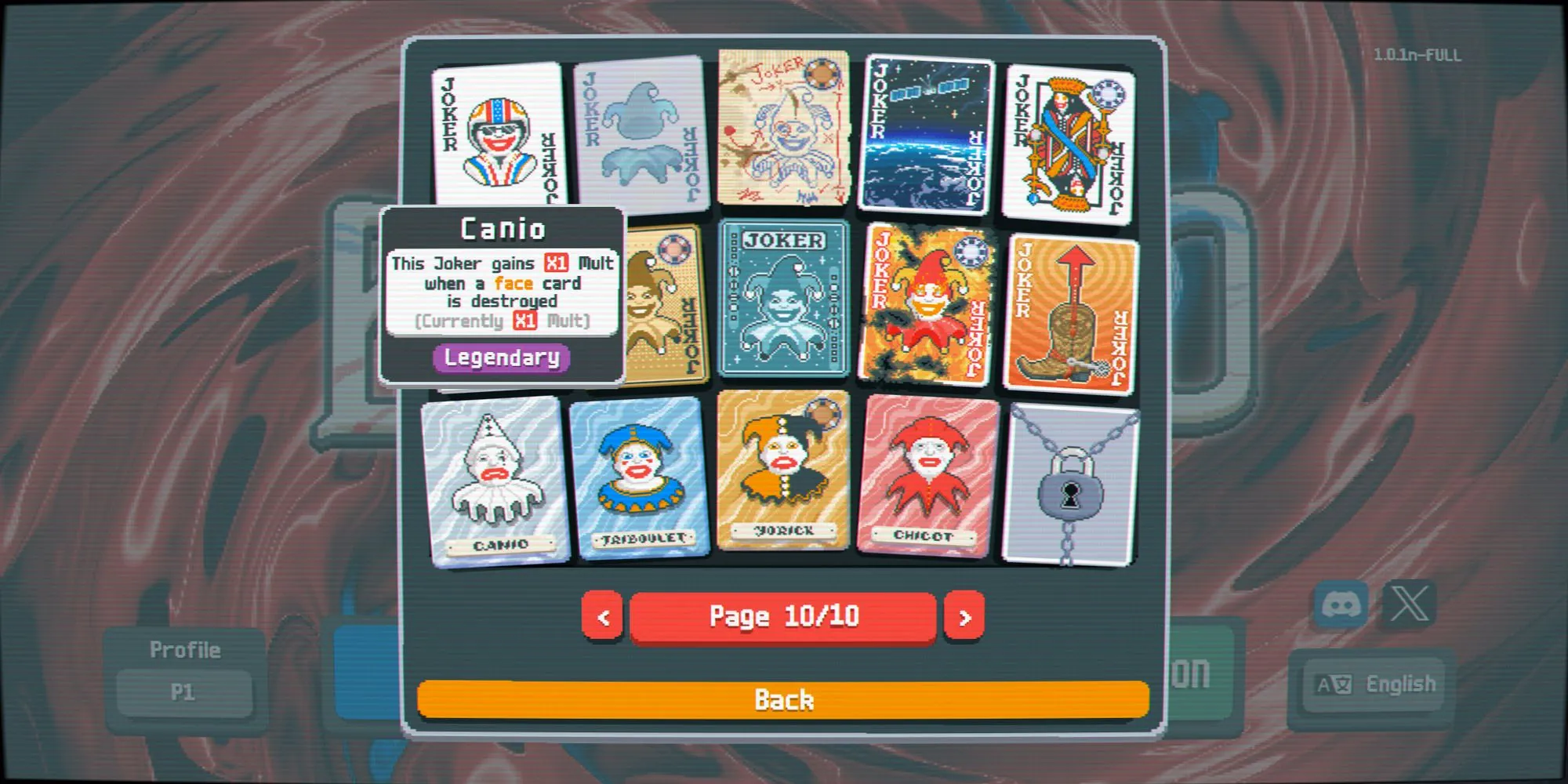 Lá bài Legendary Joker Canio trong Balatro, tăng Mult khi bài hình bị loại bỏ