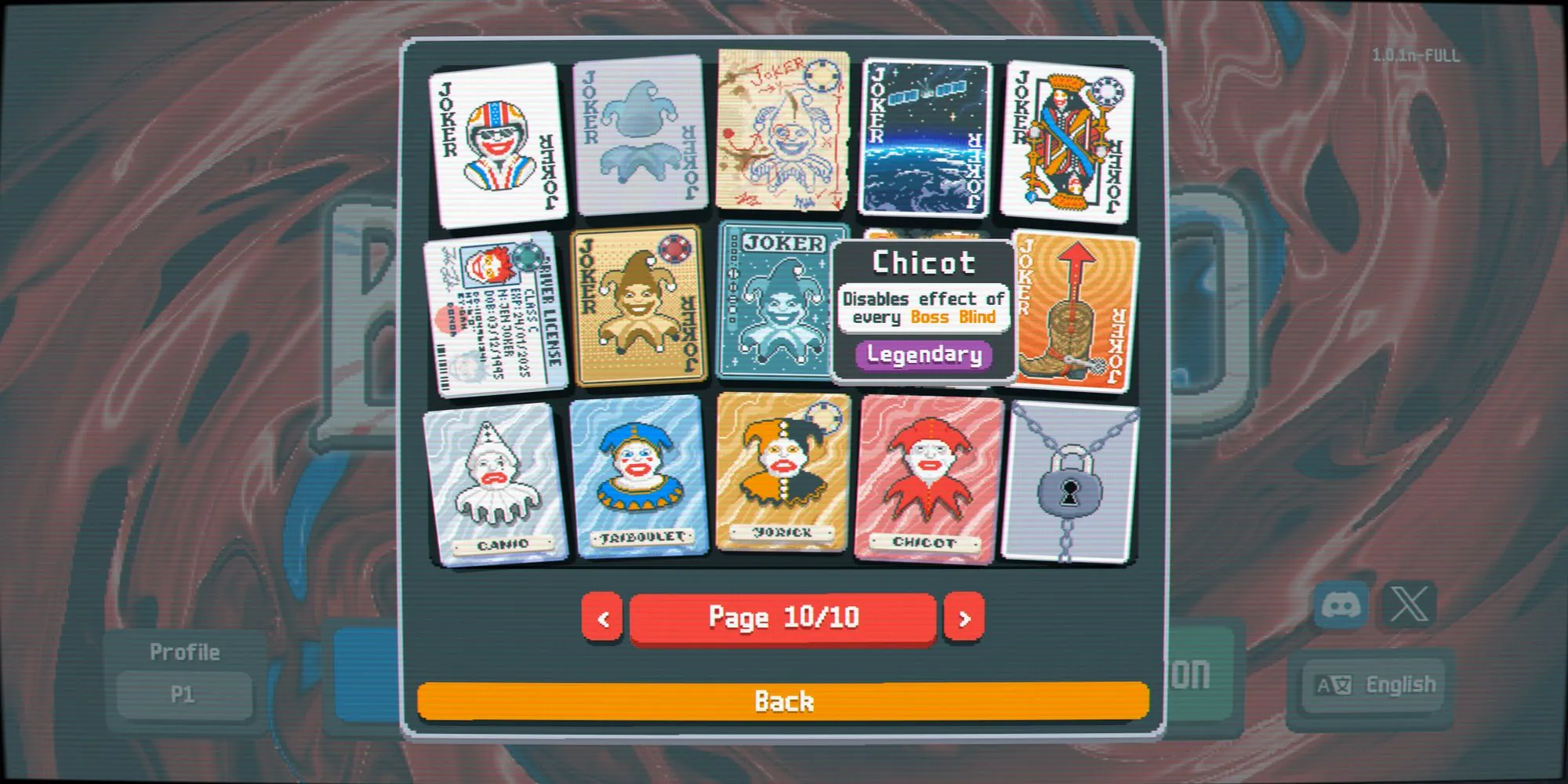 Lá bài Legendary Joker Chicot trong Balatro, có hiệu ứng vô hiệu hóa Boss Blind