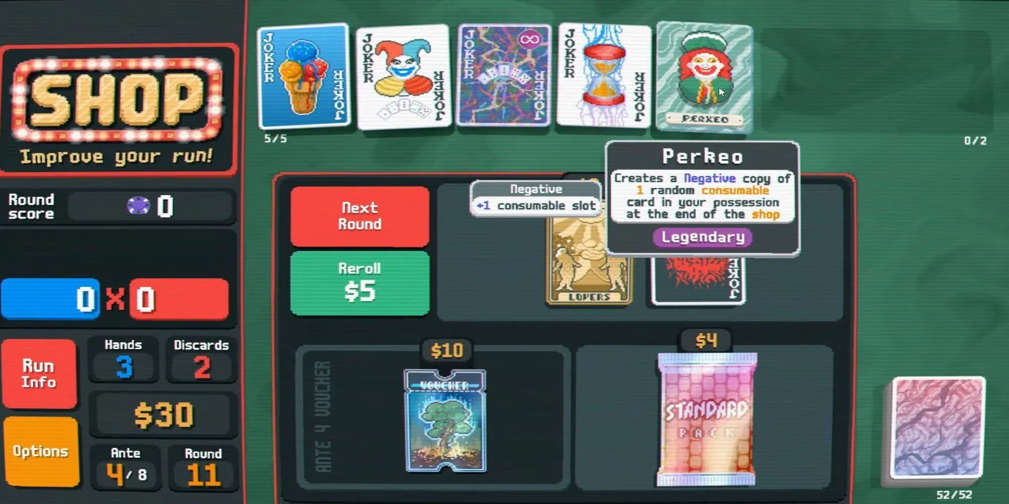 Lá bài Legendary Joker Perkeo trong Balatro, có hiệu ứng sao chép Consumable dưới dạng Negative