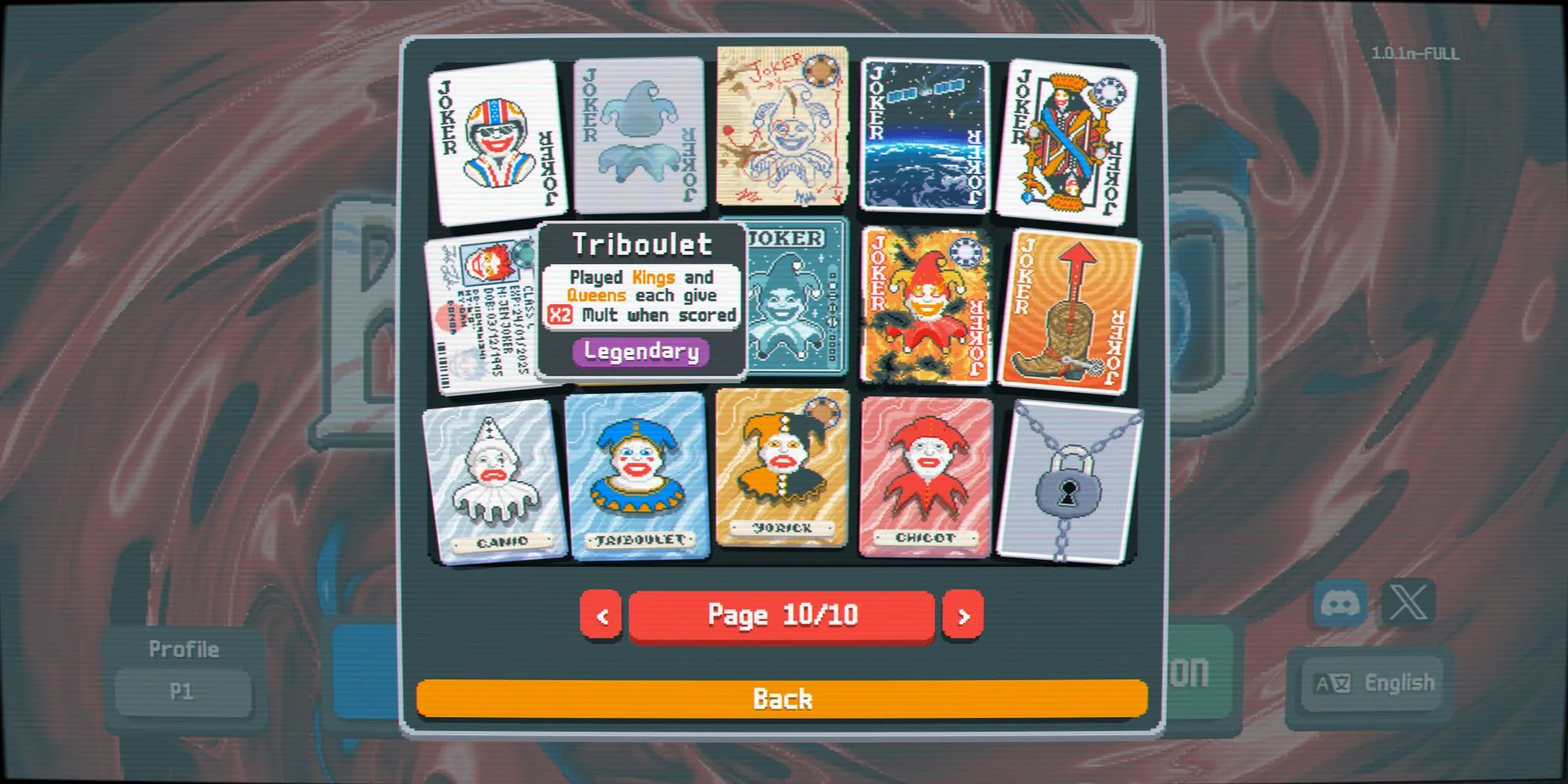 Lá bài Legendary Joker Triboulet trong Balatro, tăng Mult cho lá King và Queen khi tính điểm