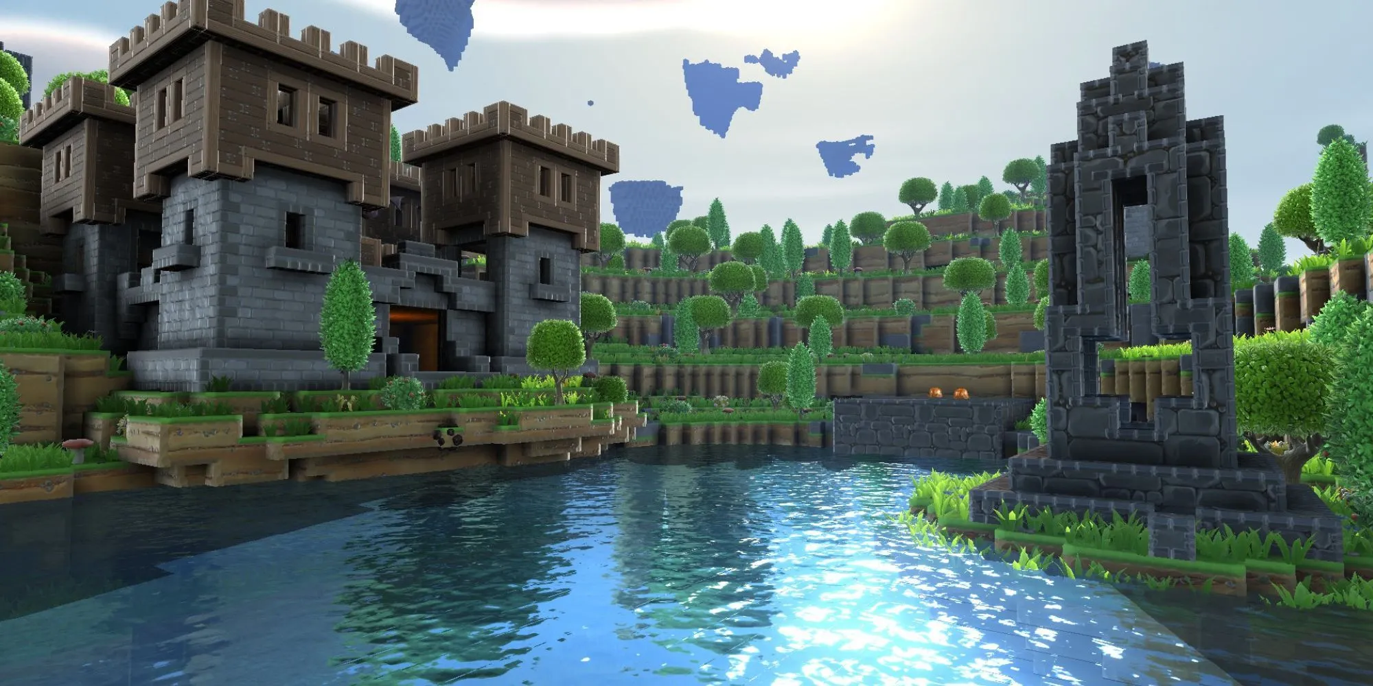 Lâu đài và cổng dịch chuyển trong game Portal Knights với đồ họa voxel