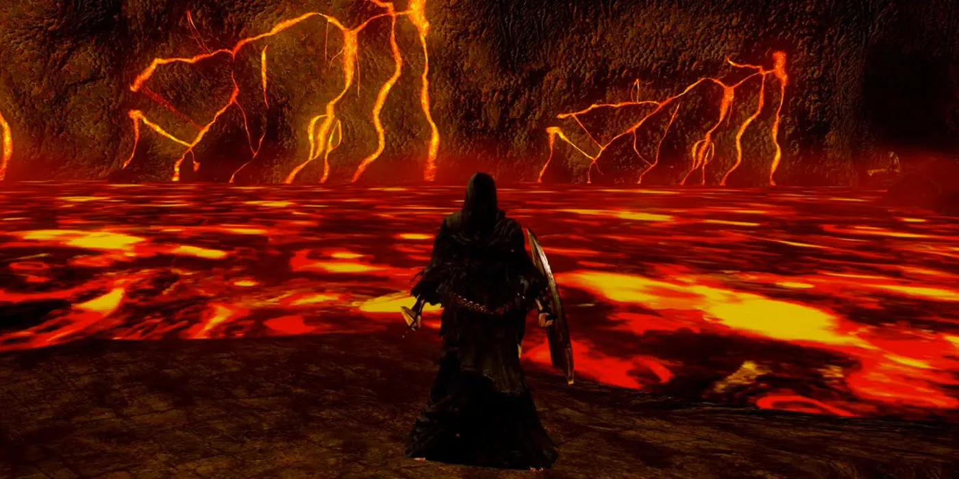 Lòng chảo dung nham Lost Izalith trong Dark Souls 1 với thiết kế đơn điệu.