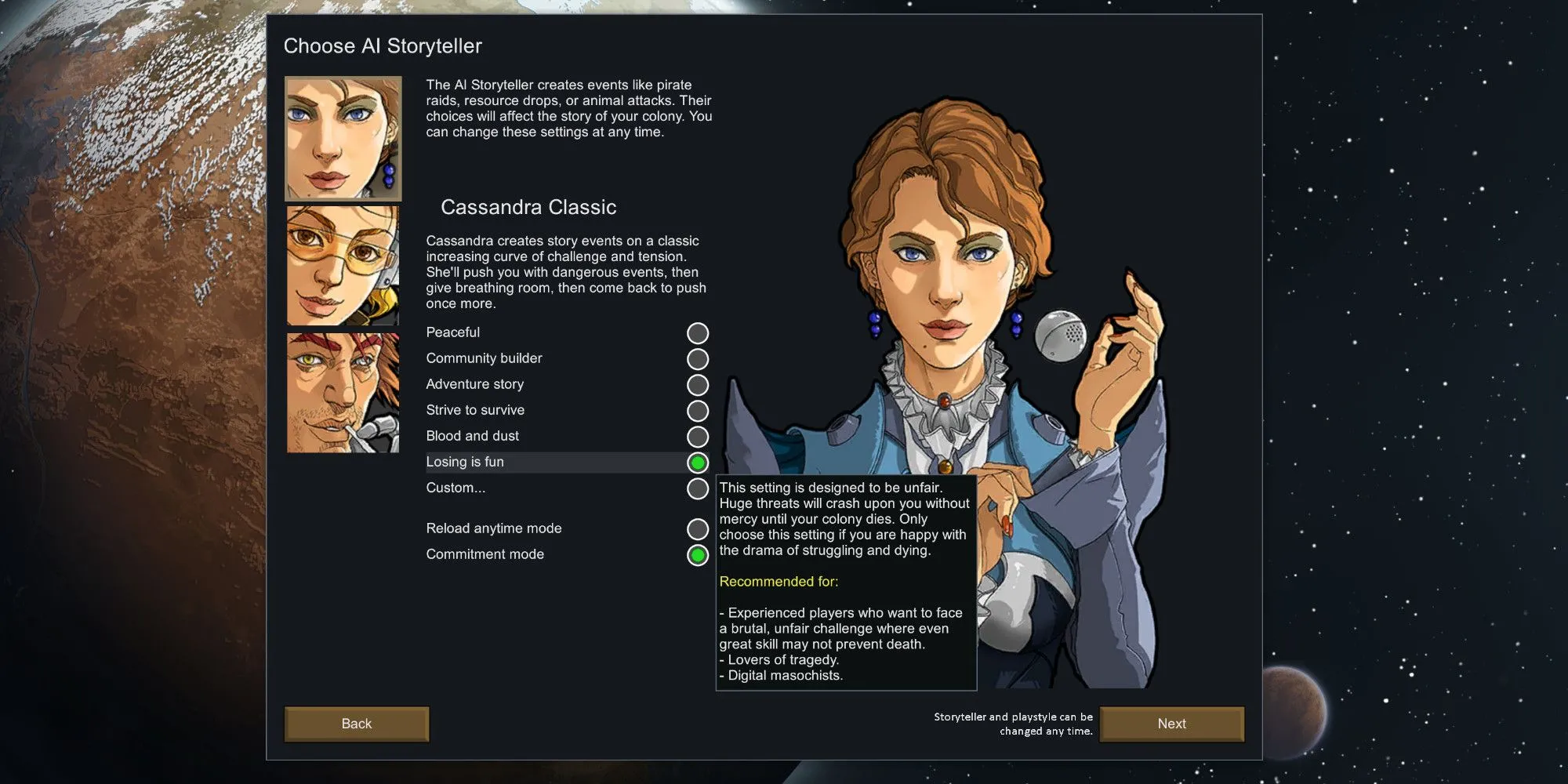 Màn hình cài đặt độ khó trong RimWorld với tùy chọn Losing Is Fun được chọn.