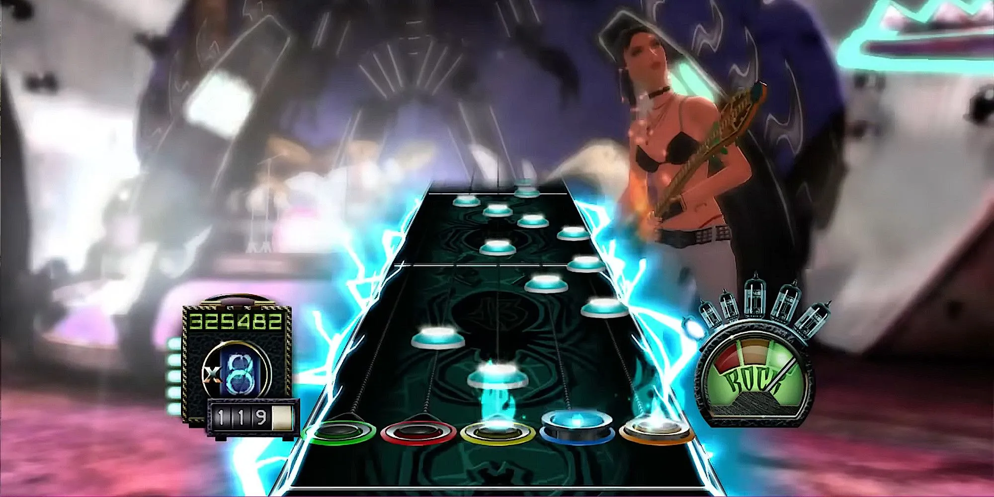 Màn hình chơi Guitar Hero 3 với nhiều nốt nhạc khó trên chế độ Expert.