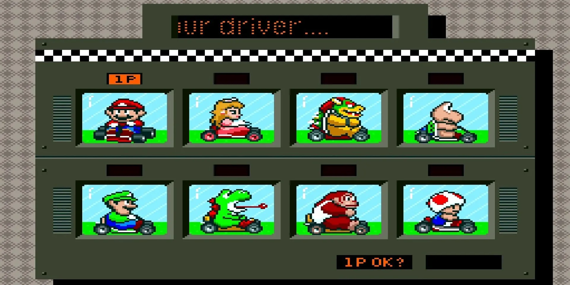Màn hình chọn nhân vật của Super Mario Kart trên SNES