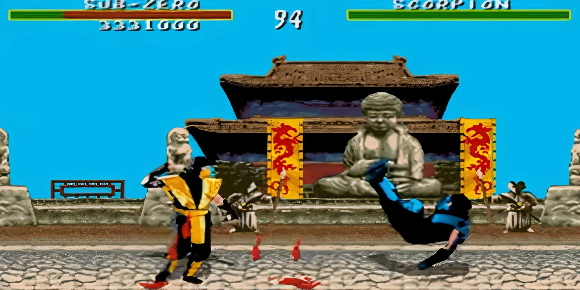 Màn hình chọn nhân vật hoặc gameplay Mortal Kombat trên Sega Genesis, hiển thị các võ sĩ đặc trưng