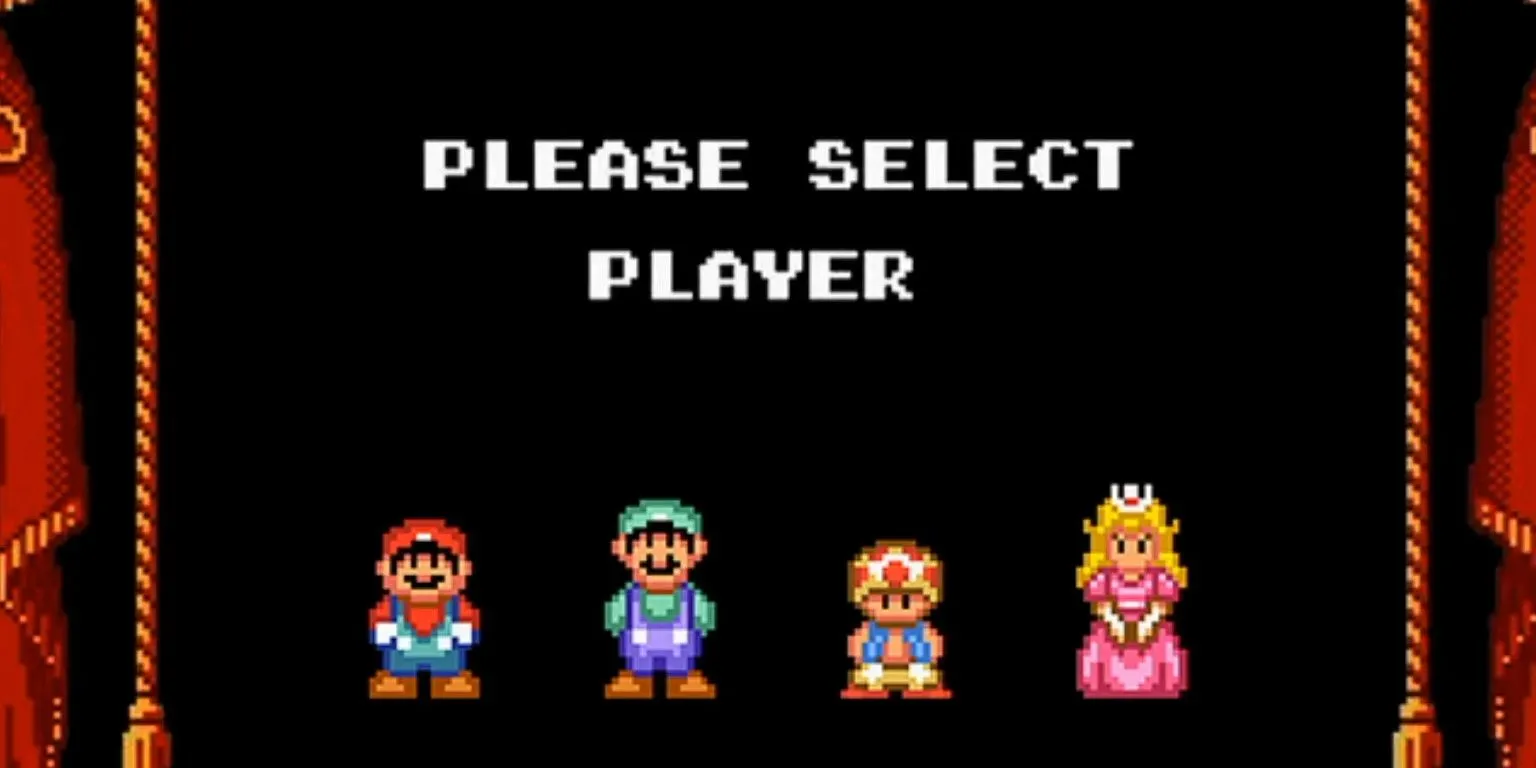 Màn hình chọn nhân vật trong Super Mario All-Stars Super Mario Bros. 2