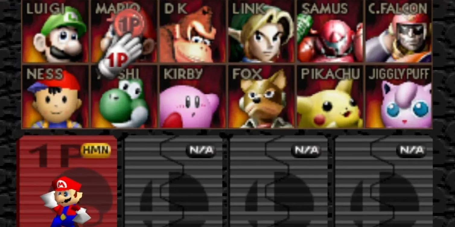 Màn hình chọn nhân vật trong Super Smash Bros. trên N64