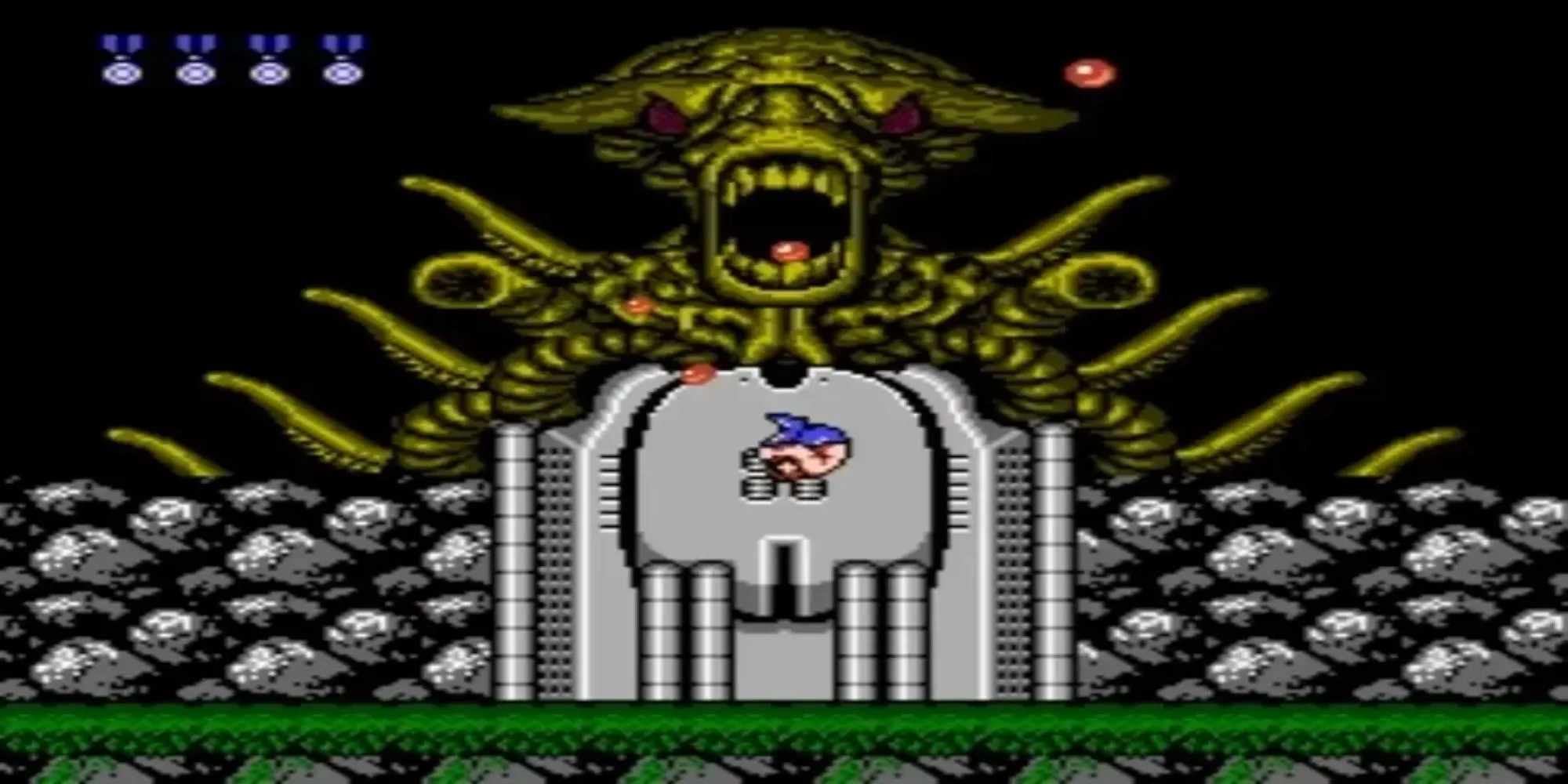 Màn hình gameplay Contra trên NES, hiển thị hai nhân vật chính bắn súng vượt qua địa hình và kẻ thù
