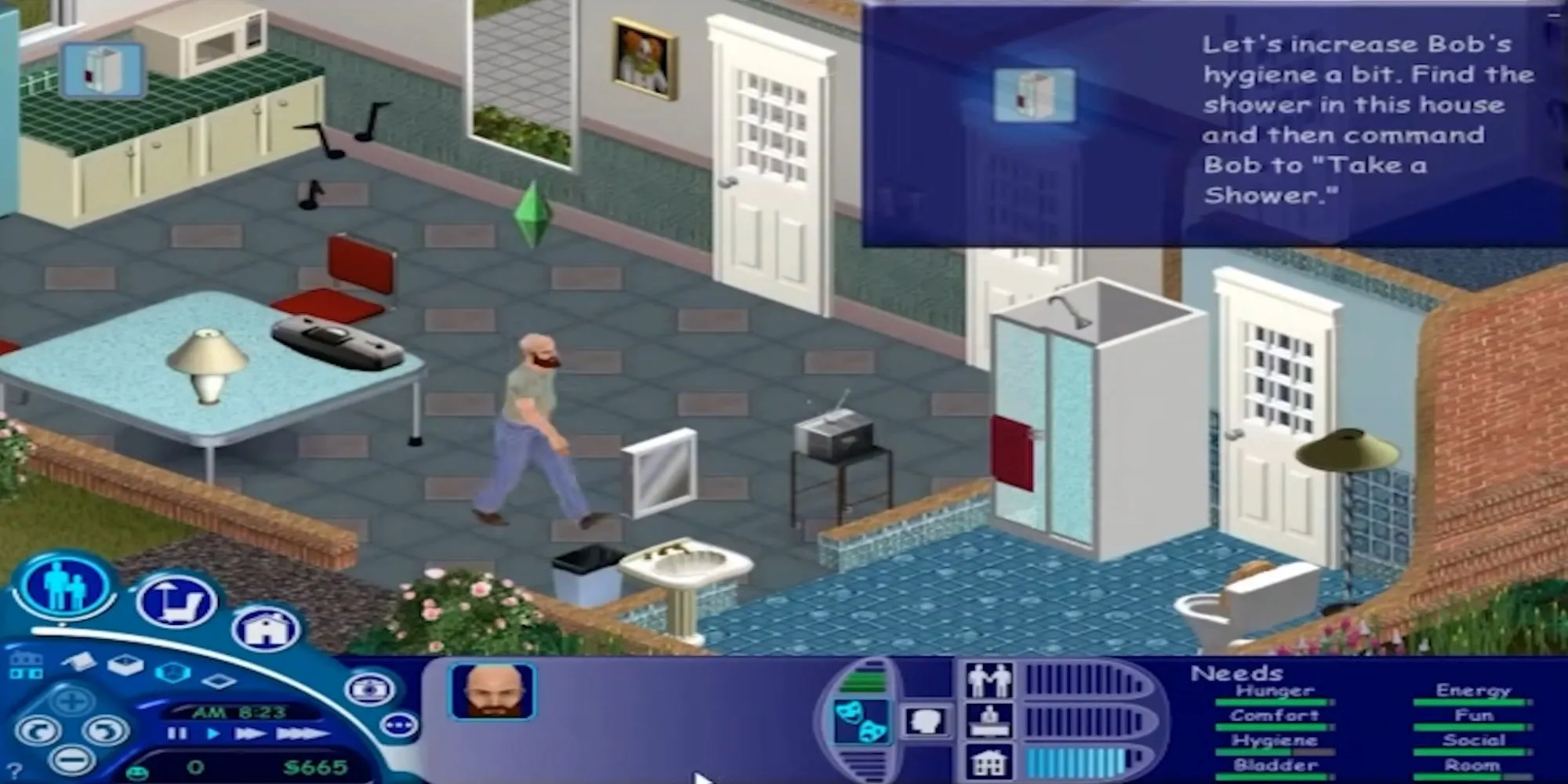 Màn hình gameplay The Sims, hiển thị nhân vật Sim và một ngôi nhà với giao diện người dùng