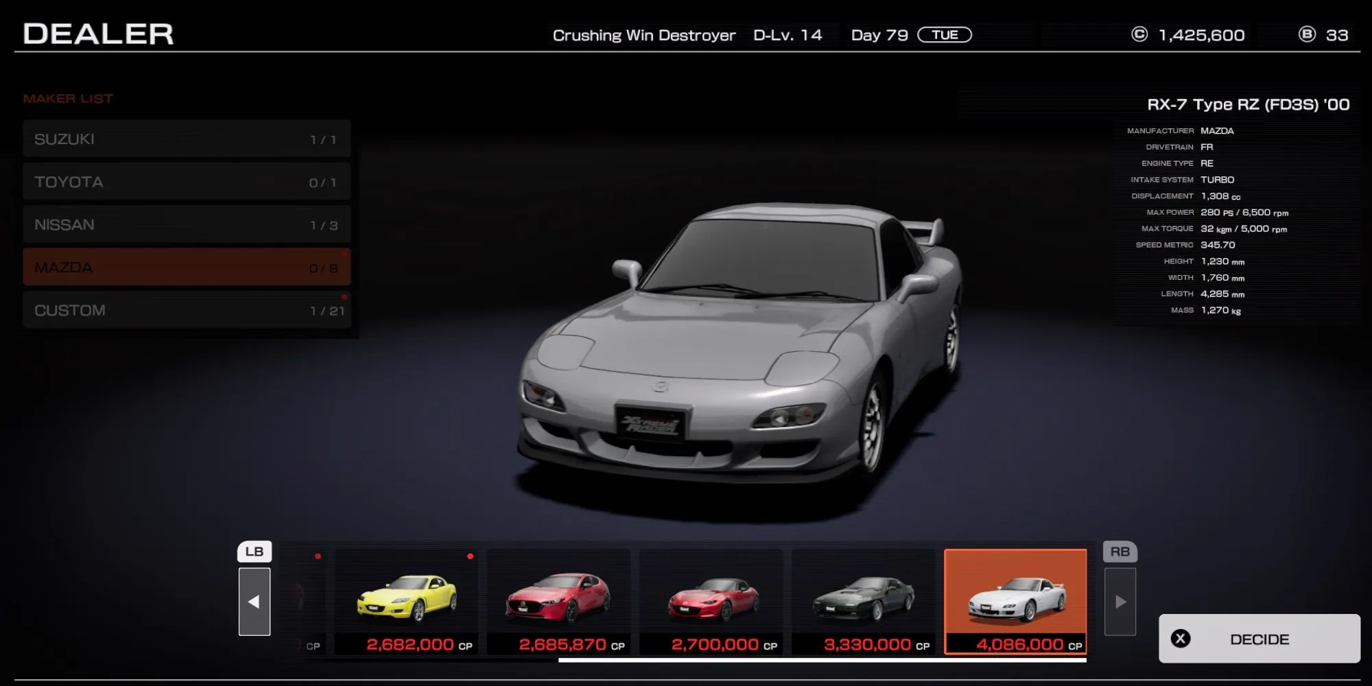 Màn hình mua bán xe mới trong gara của Tokyo Xtreme Racer