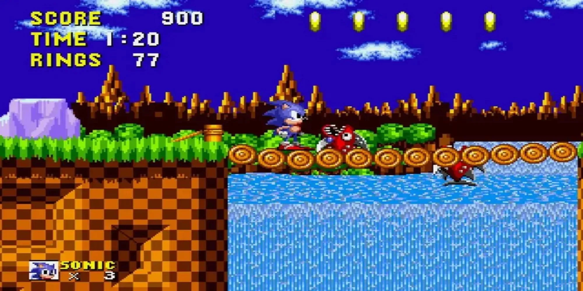 Màn hình tựa đề hoặc gameplay Sonic the Hedgehog trên Sega Genesis, hiển thị Sonic đang vẫy ngón tay