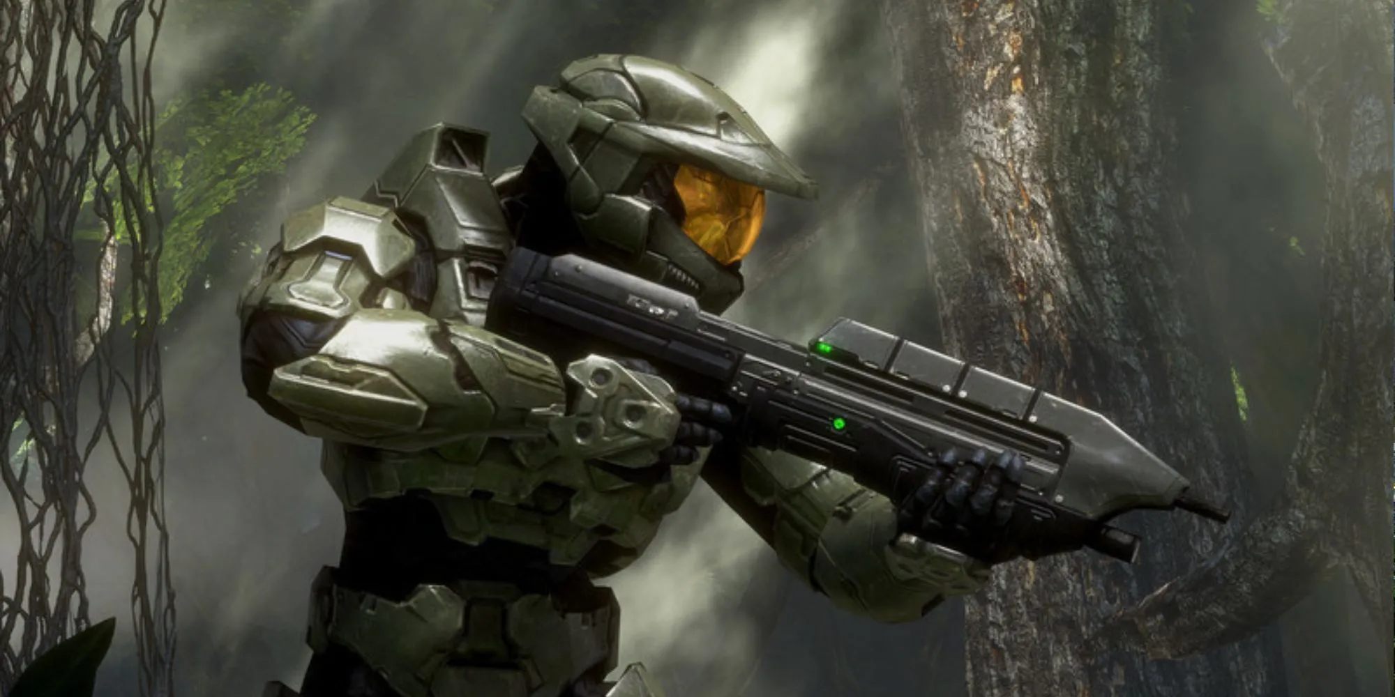 Master Chief đang ngắm bắn vũ khí trong Halo, game FPS huyền thoại với AI kẻ địch linh hoạt và phối hợp tốt.