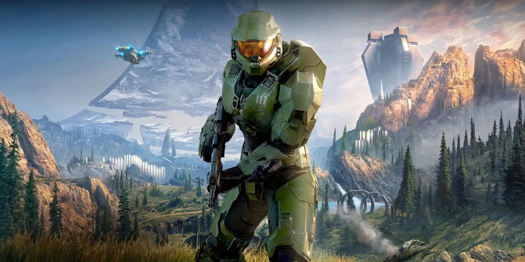 Master Chief trong Halo Infinite, khoác bộ giáp Mjolnir màu xanh lá cây đặc trưng.