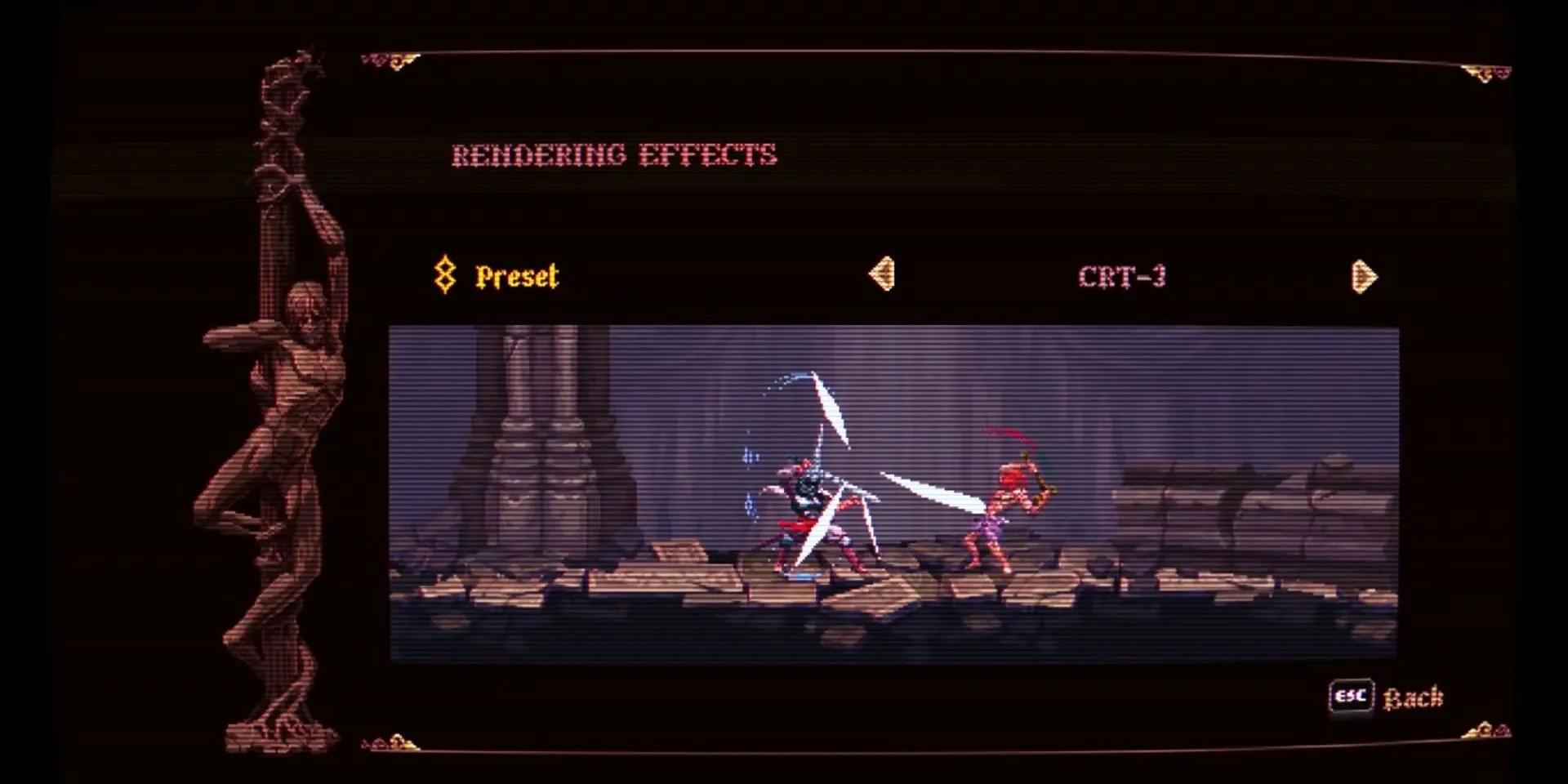 Menu cài đặt hiệu ứng hiển thị (rendering effects) trong Blasphemous