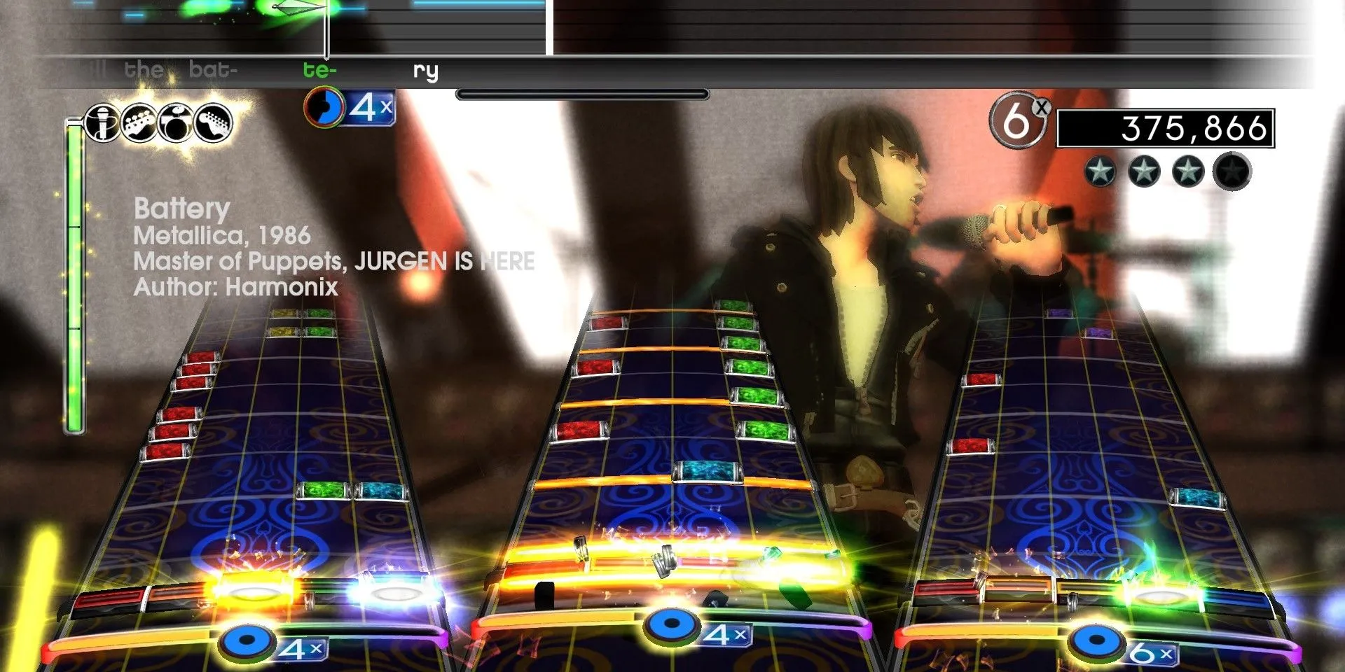 Một ban nhạc đang chơi trong Rock Band 2, tựa game đã tạo ra trải nghiệm giả lập ban nhạc được Harmonix cấp bằng sáng chế.