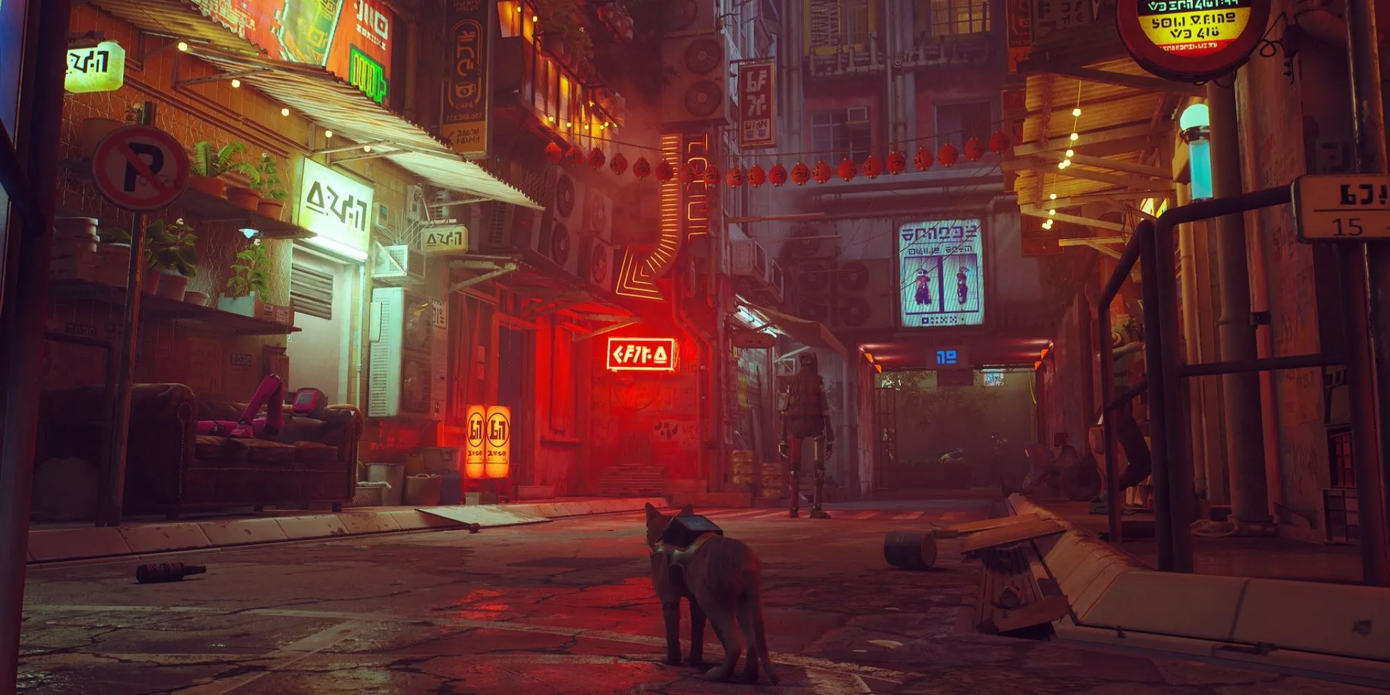 Một chú mèo đi giữa con phố mờ ảo trong thành phố giả tưởng, phía xa có vài biển hiệu neon