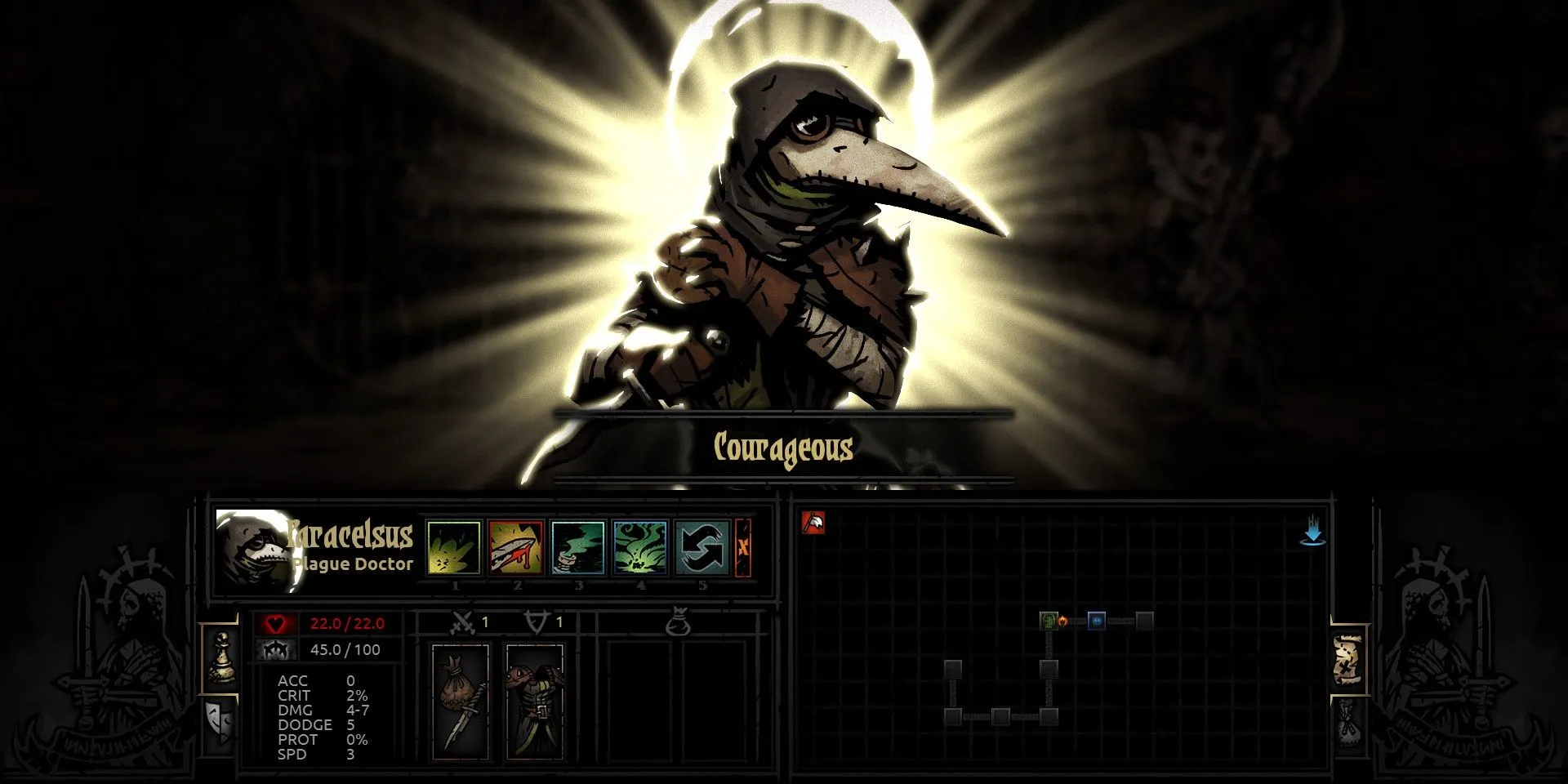 Một nhân vật Plague Doctor trong Darkest Dungeon trở nên 'Courageous' trong trận chiến