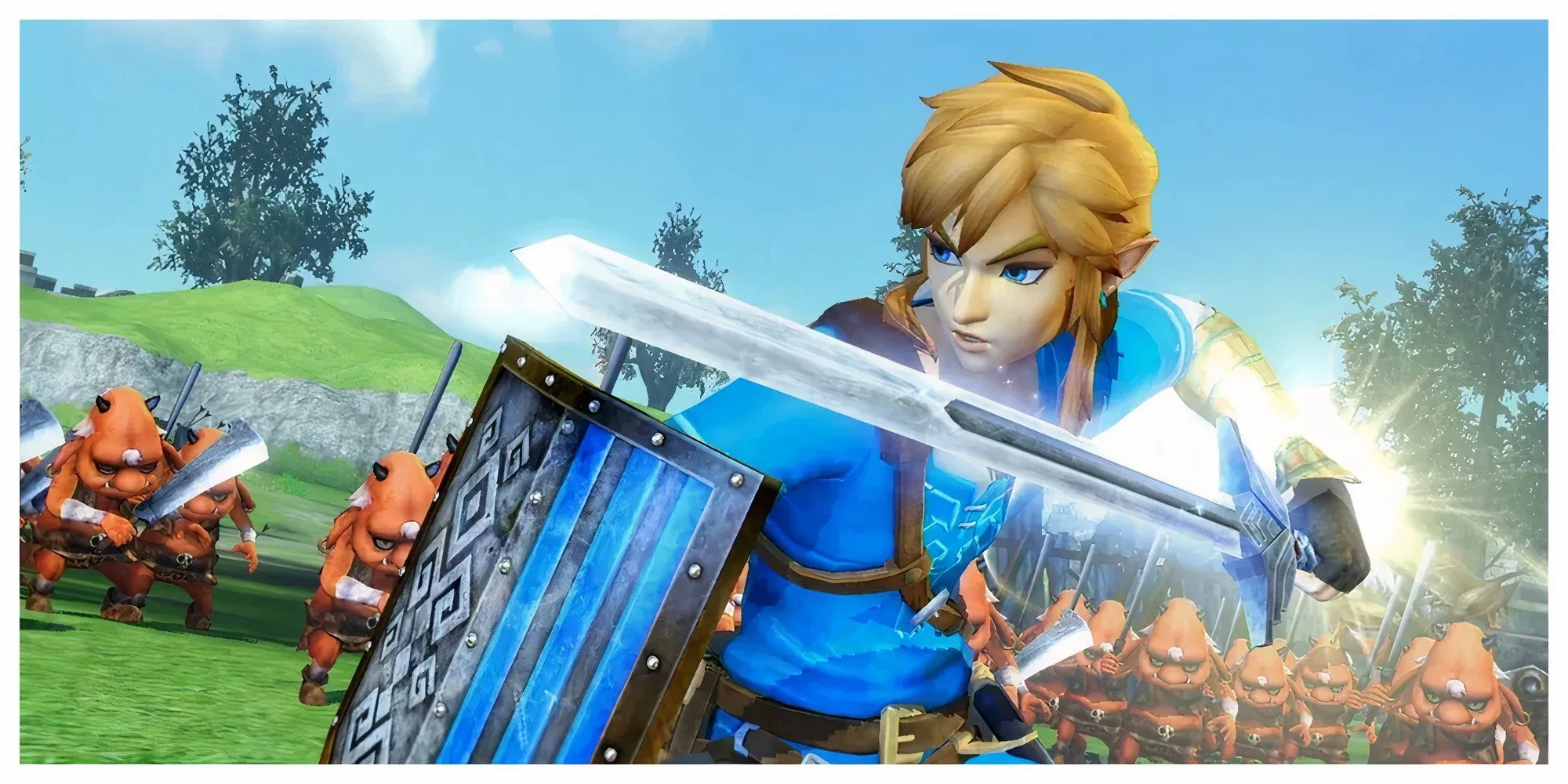 Một nhóm nhân vật biểu tượng của series Zelda chiến đấu với kẻ thù trong game Hyrule Warriors Definitive Edition