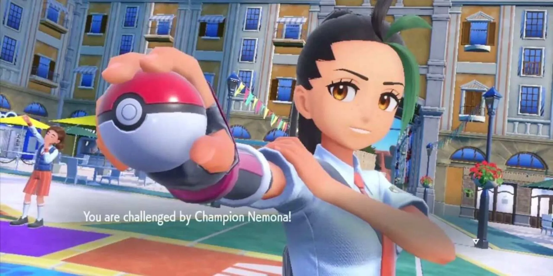 Nemona chuẩn bị chiến đấu tại Mesagoza trong Pokémon Scarlet và Violet, game sử dụng cơ chế Poké Ball độc đáo.