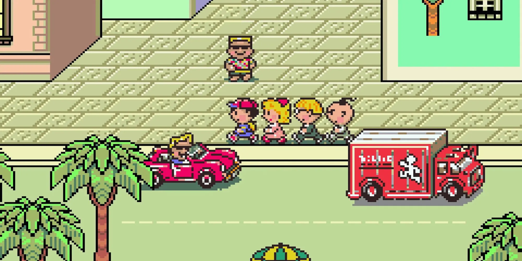 Ness và nhóm bạn đi bộ trong thị trấn trong game EarthBound