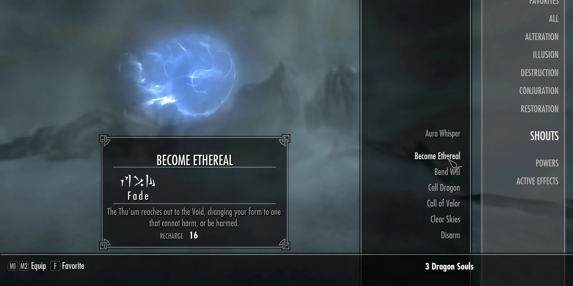 Người chơi sử dụng Shout Hóa Hư Vô (Become Ethereal) để trở nên bất khả xâm phạm trong Skyrim.