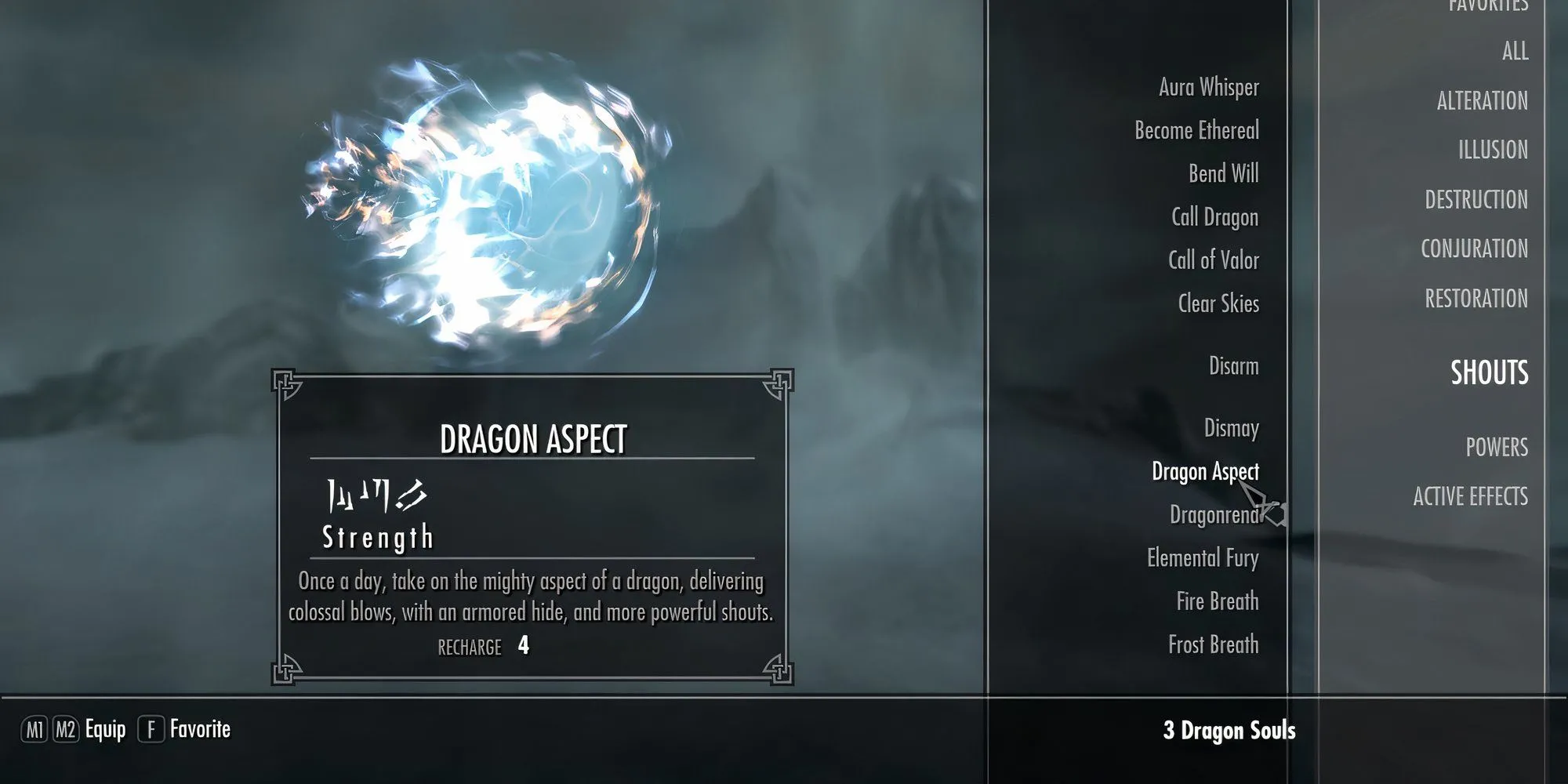 Người chơi trong trạng thái Shout Long Diện (Dragon Aspect) với bộ giáp rồng huyền ảo trong Skyrim.
