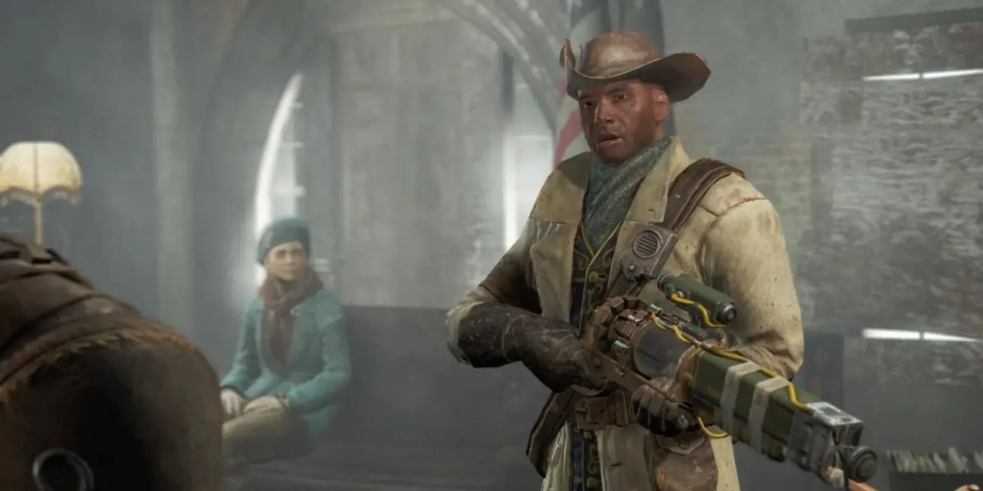 Người chơi tương tác với khu định cư trong Fallout 4, thể hiện cơ chế xây dựng và quản lý