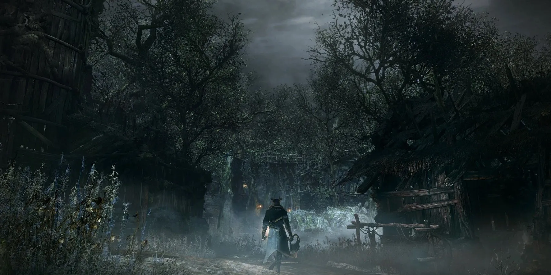 Người thợ săn di chuyển trong màn sương mù tại khu vực Forbidden Woods trong Bloodborne.