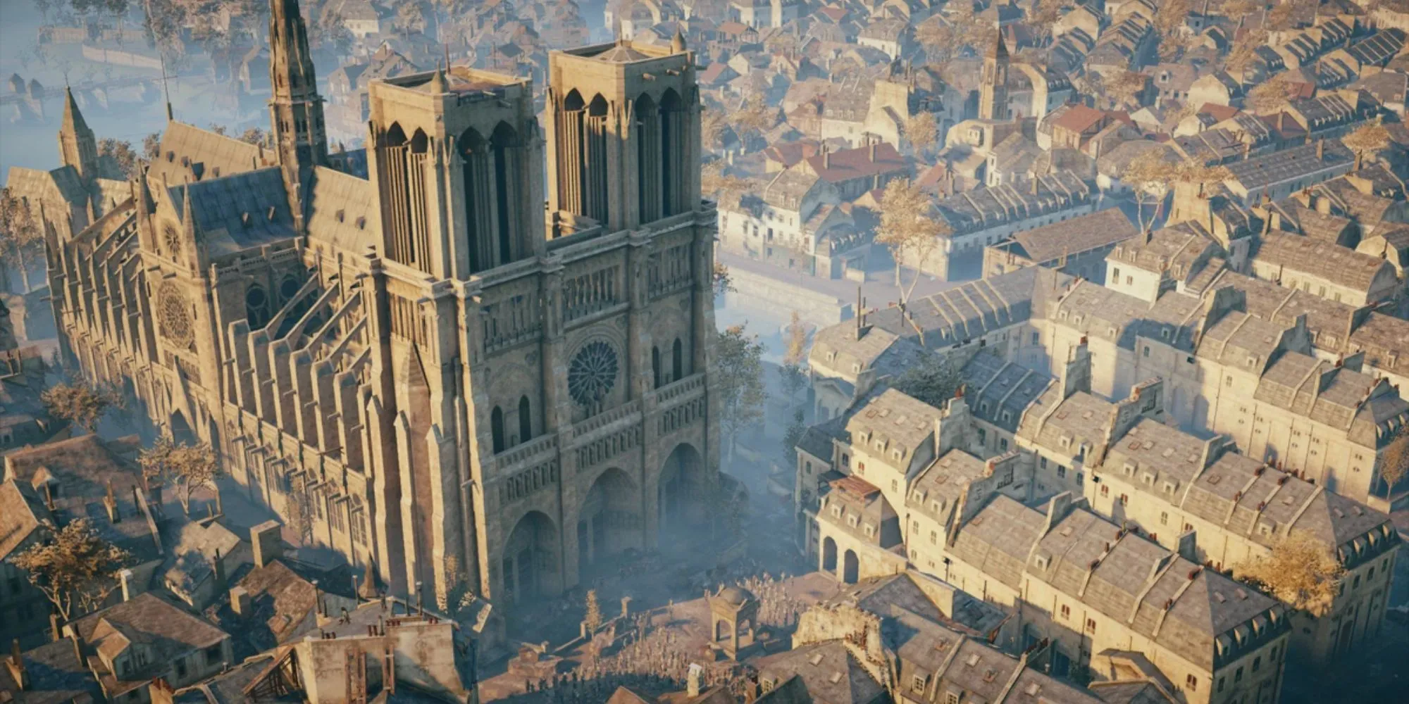 Nhà thờ Đức Bà Paris và cảnh quan thành phố trong Assassin's Creed Unity, tái hiện thời Cách mạng Pháp.
