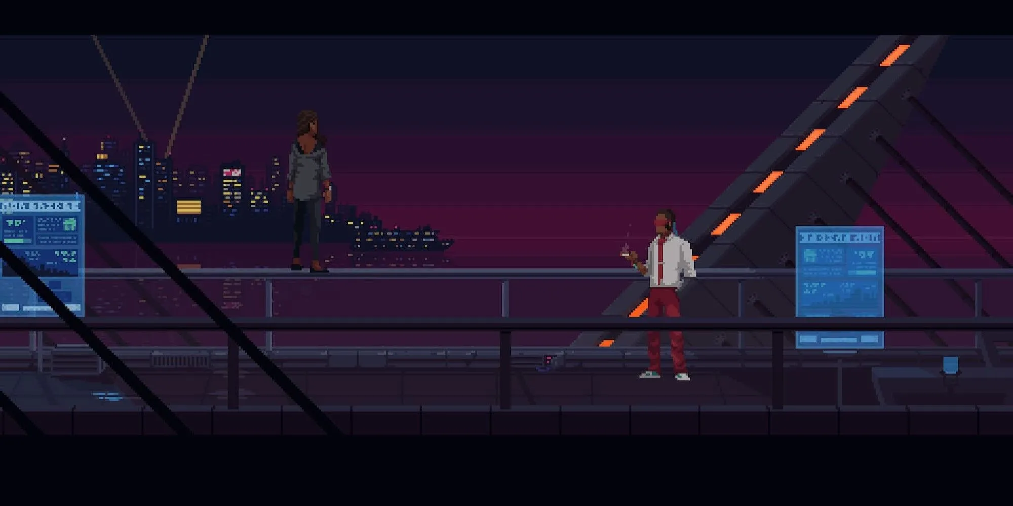 Nhân vật Brandeis nói chuyện với một người phụ nữ đang đứng trên bờ vực trong game The Red Strings Club