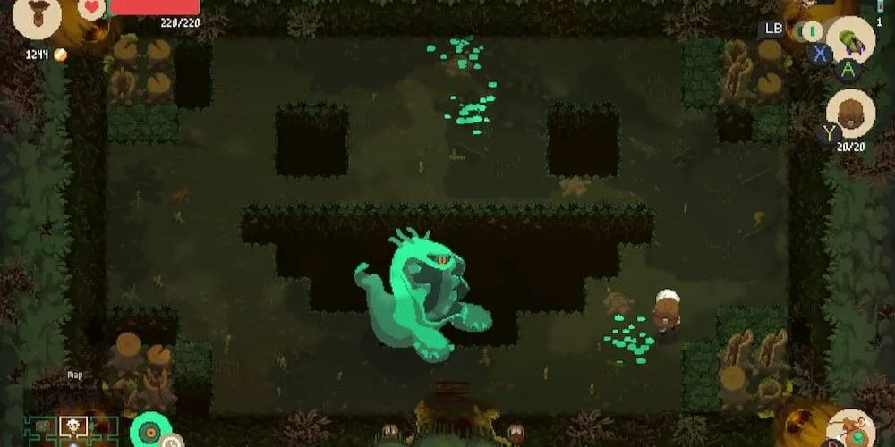 Nhân vật chạy trốn khỏi quái vật xanh trong hầm ngục của Moonlighter