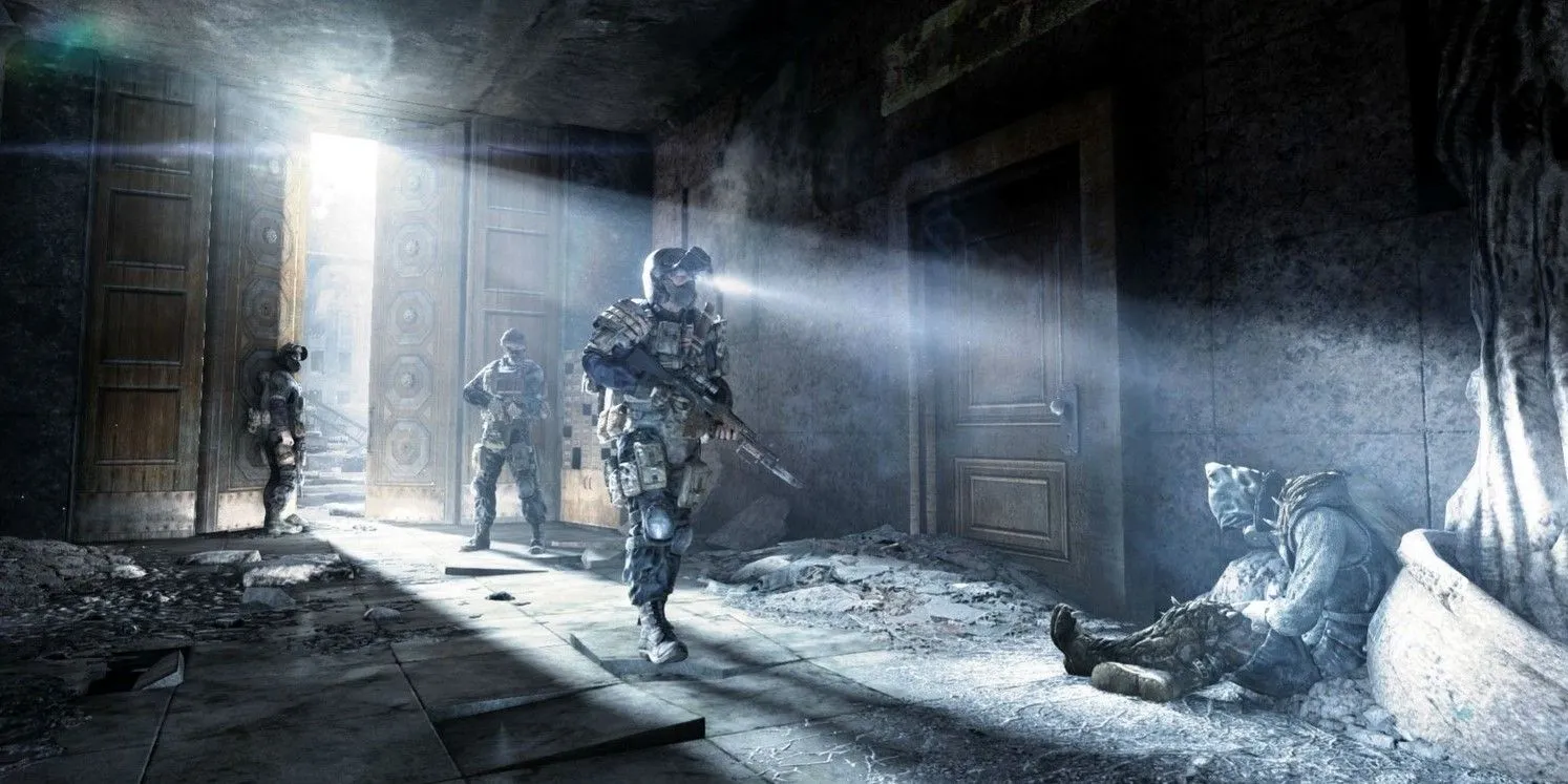 Nhân vật chính Artyom đeo mặt nạ phòng độc trong game kinh dị Metro 2033 Redux