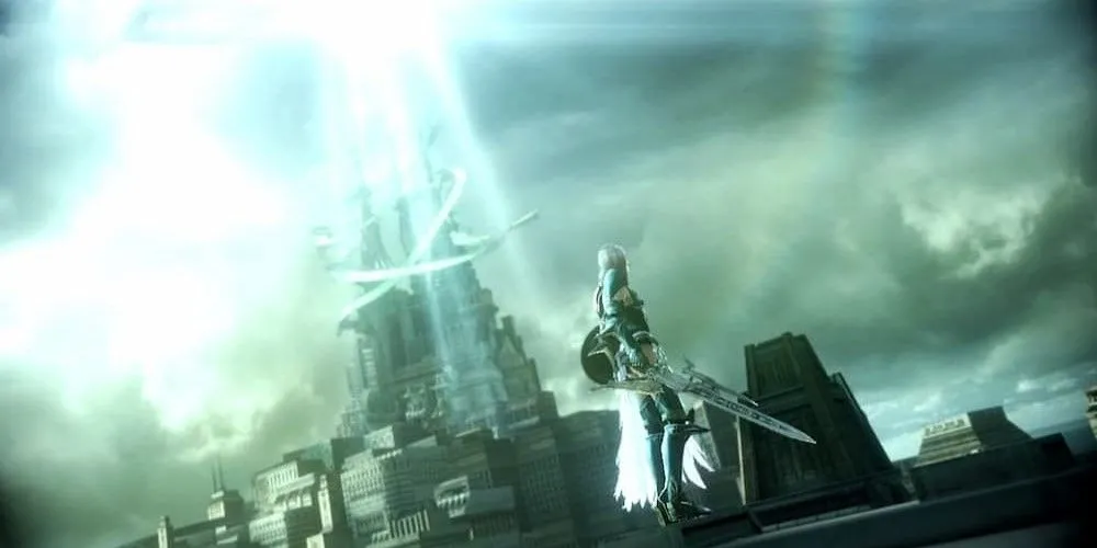 Nhân vật chính Lightning đứng trước một ngôi đền trong thế giới của Final Fantasy XIII
